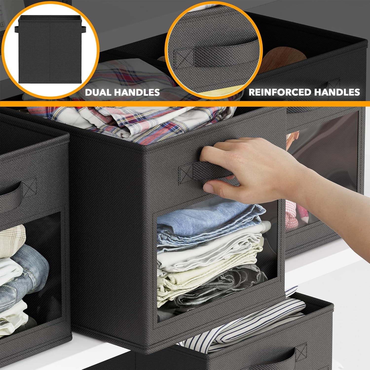 Storage Cubes with Clear Windows, Set of 6 Fabric Bins, 11 Inch, Black