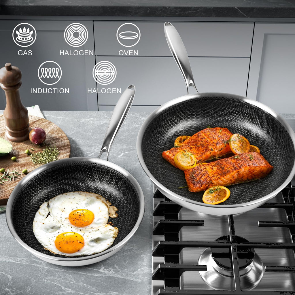 ,9.5'' and 11'' Stainless Steel Frying Pan Set with Lid Honeycomb Stainless Steel Cooking Pan Set of 2 Skillet for Cooking with Induction Gas Stovetops