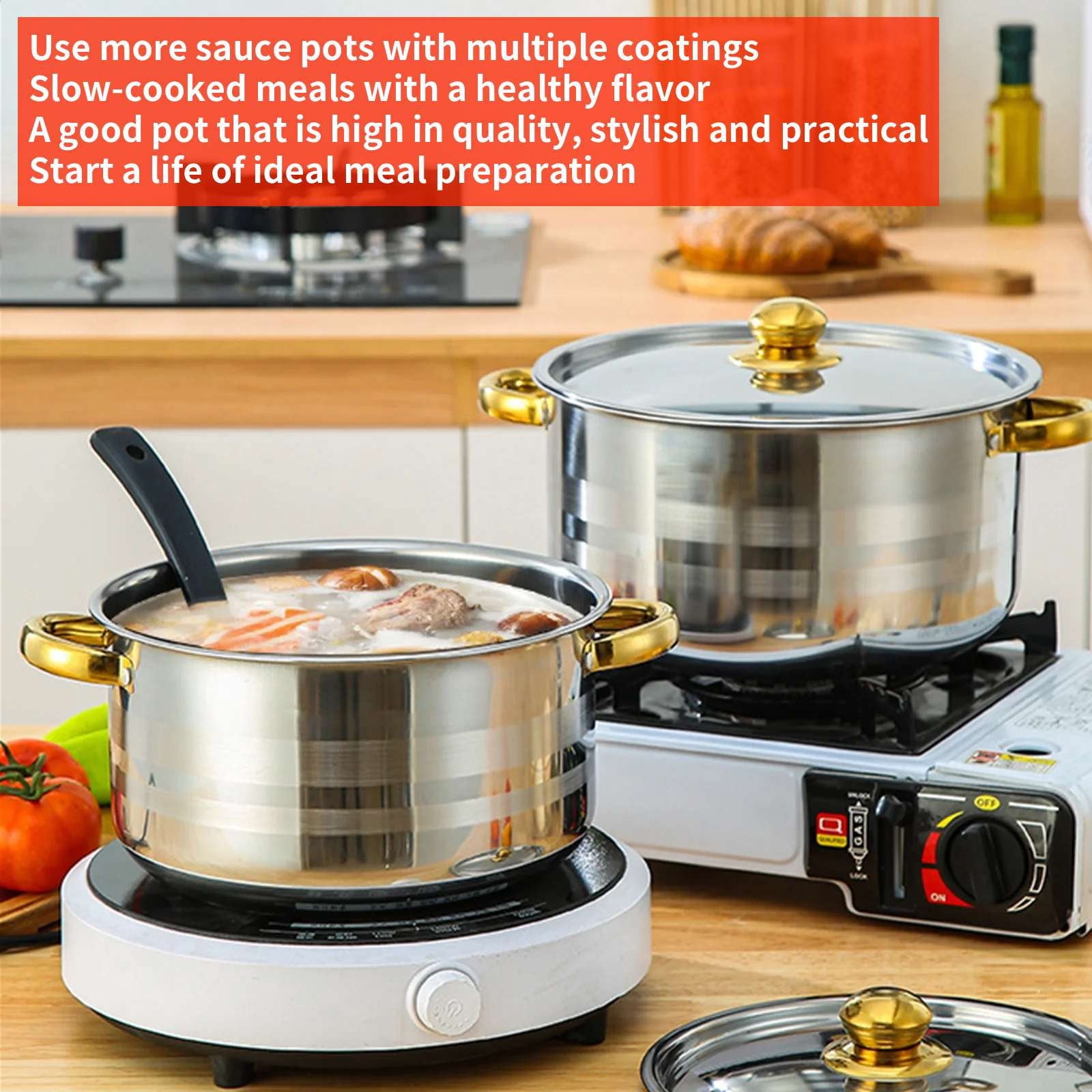 Home Kitchen Cookware Sets, 10 Pcs Non Stick Stainless Steel Soup Pot Set, Double Handle with Lids Soup Pot Compatible with All Cooktops for Gas, Electric and Induction, Gold