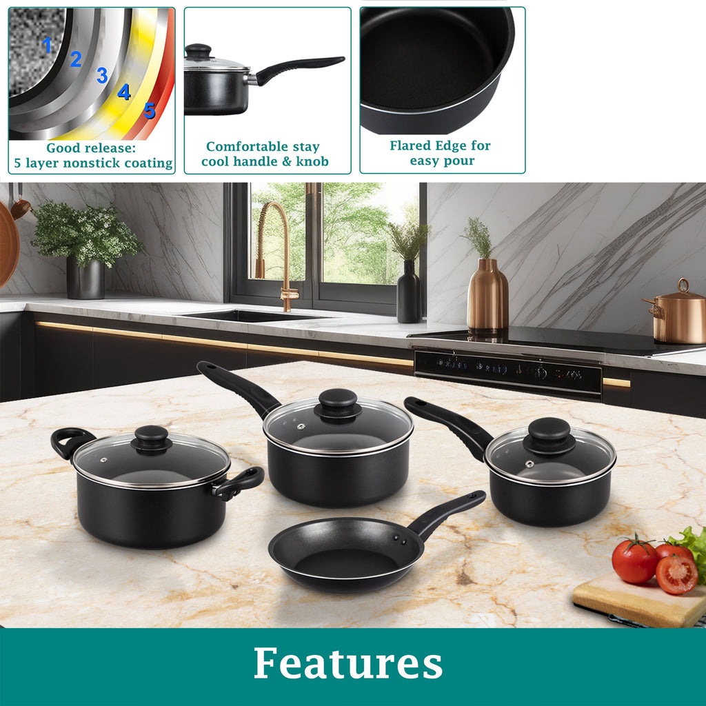 7 Piece Non Stick Aluminium, Pots and Pans Cookware Set, Black - Image 3