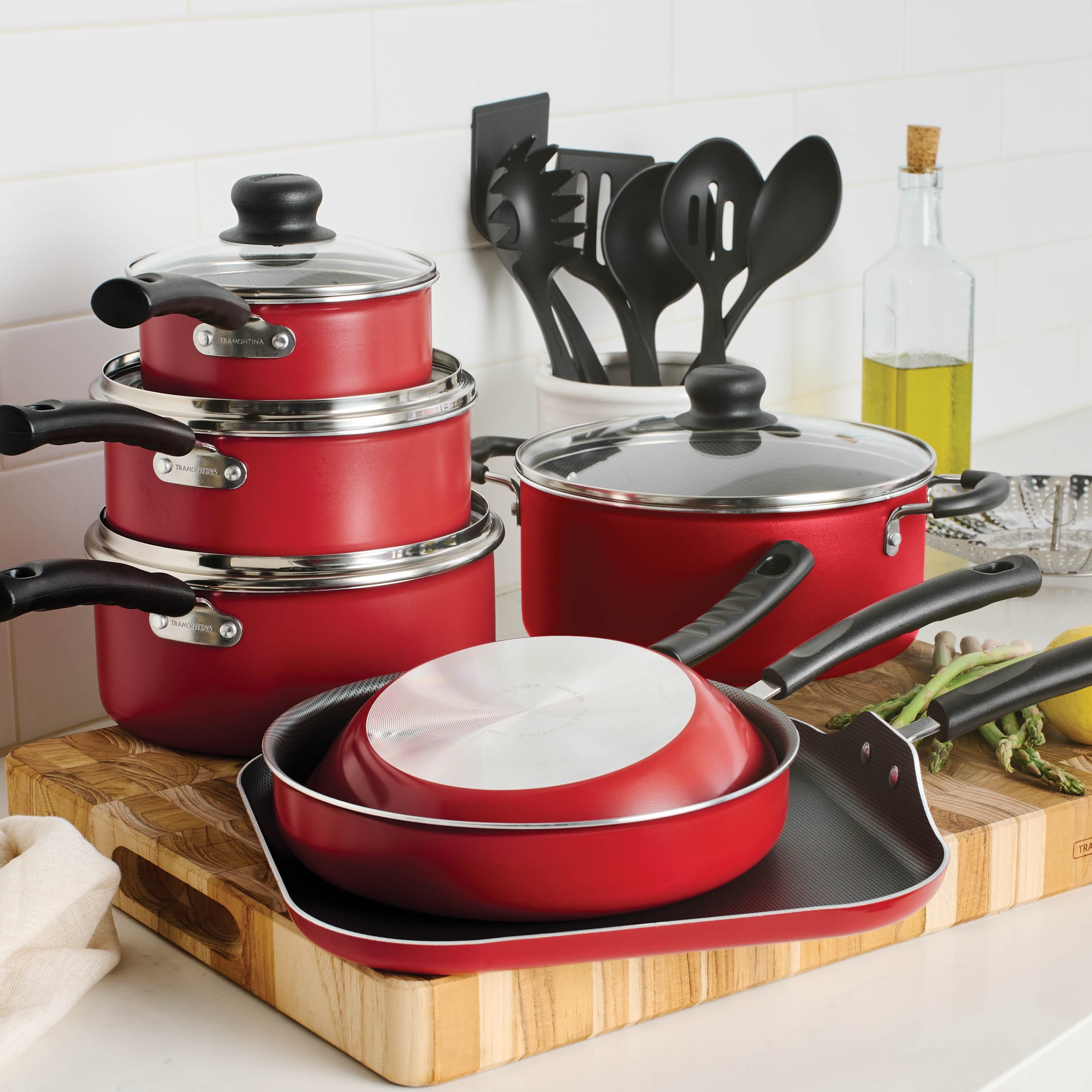 18 Piece Non-stick Cookware Set, Red - Image 4