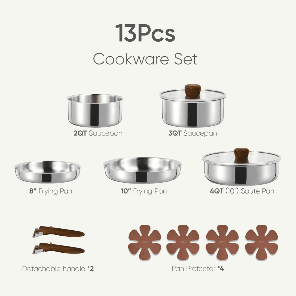 13-Piece Stainless Steel Cookware Set with Detachable Handle, Induction Compatible - Image 6