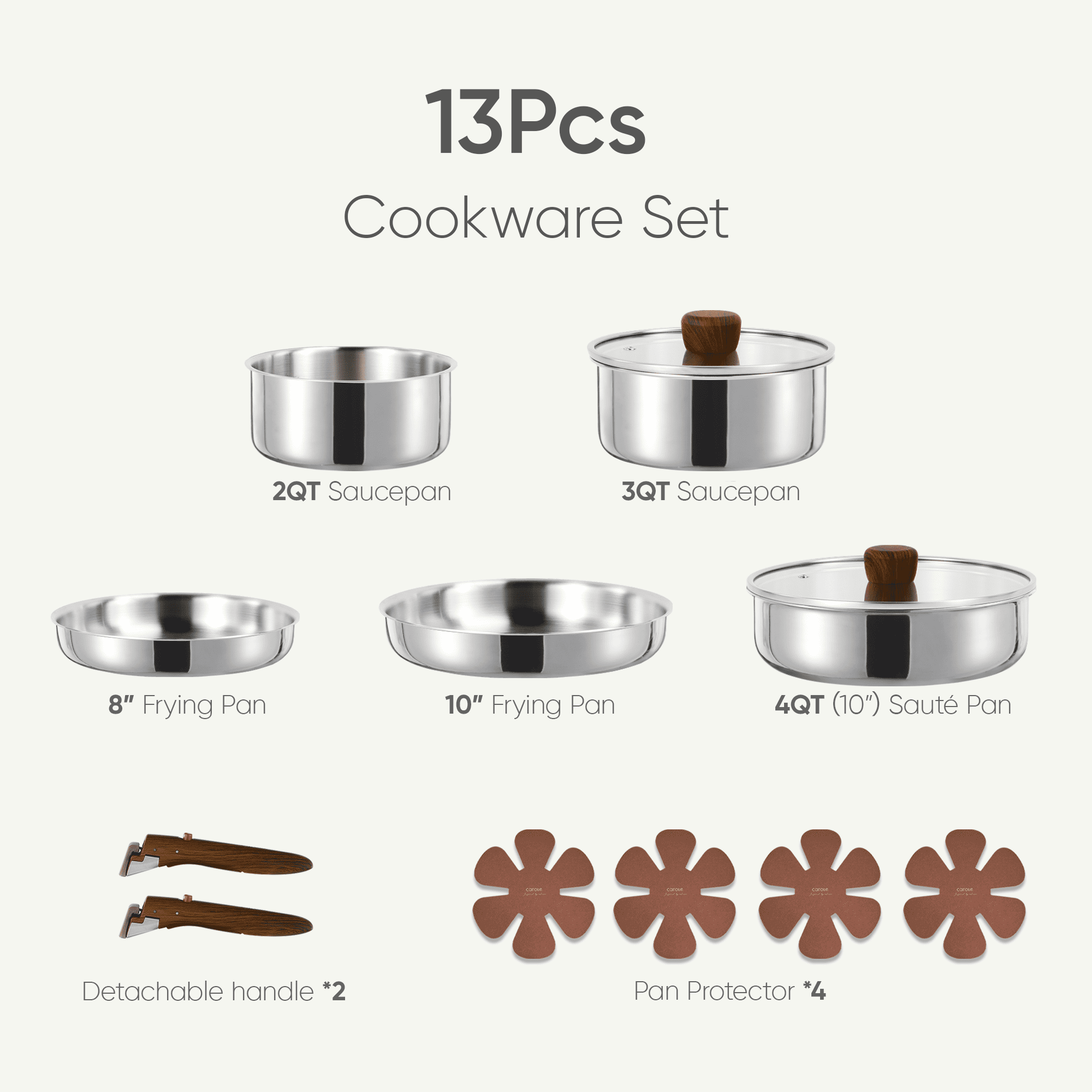 13-Piece Stainless Steel Cookware Set with Detachable Handle, Induction Compatible - Image 6