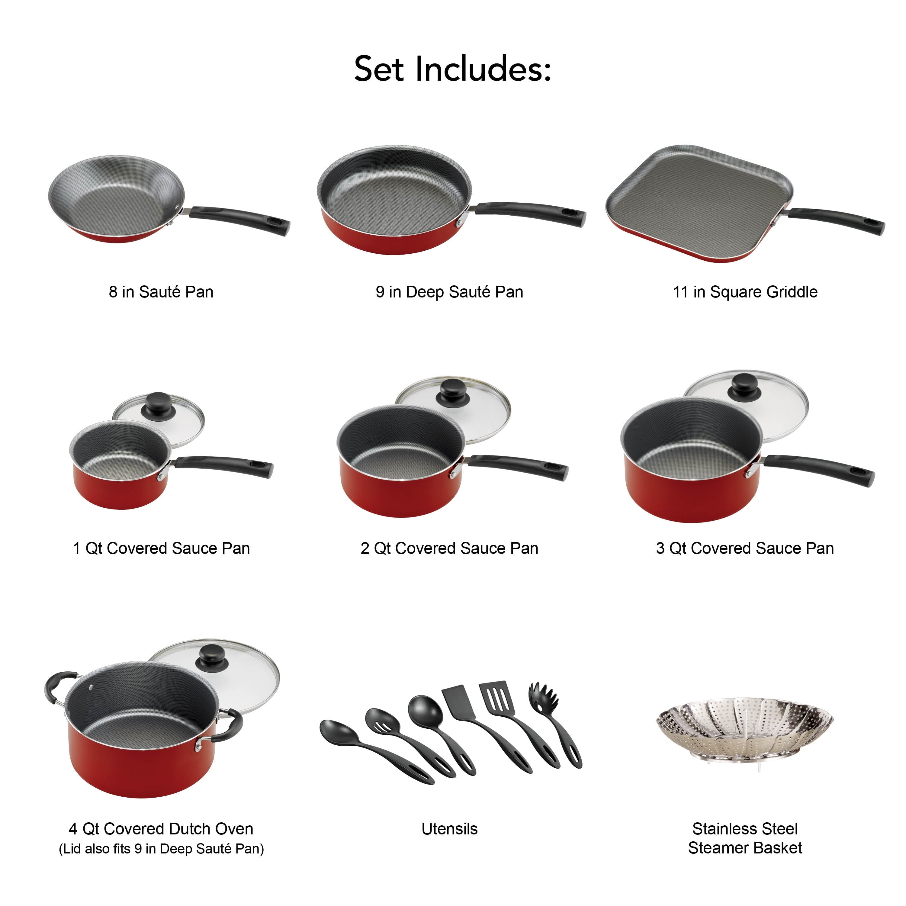 18 Piece Non-stick Cookware Set, Red - Image 3