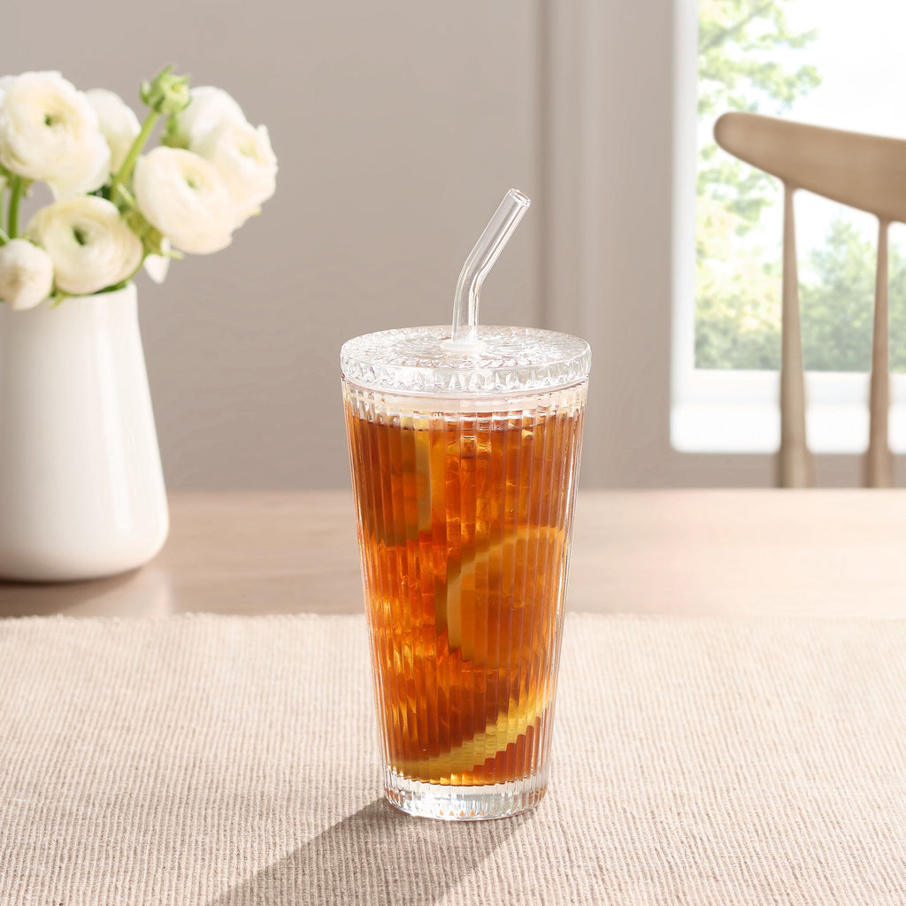 Glass 21oz Tumbler Ribbed with Glass Lid and Straw - Image 5