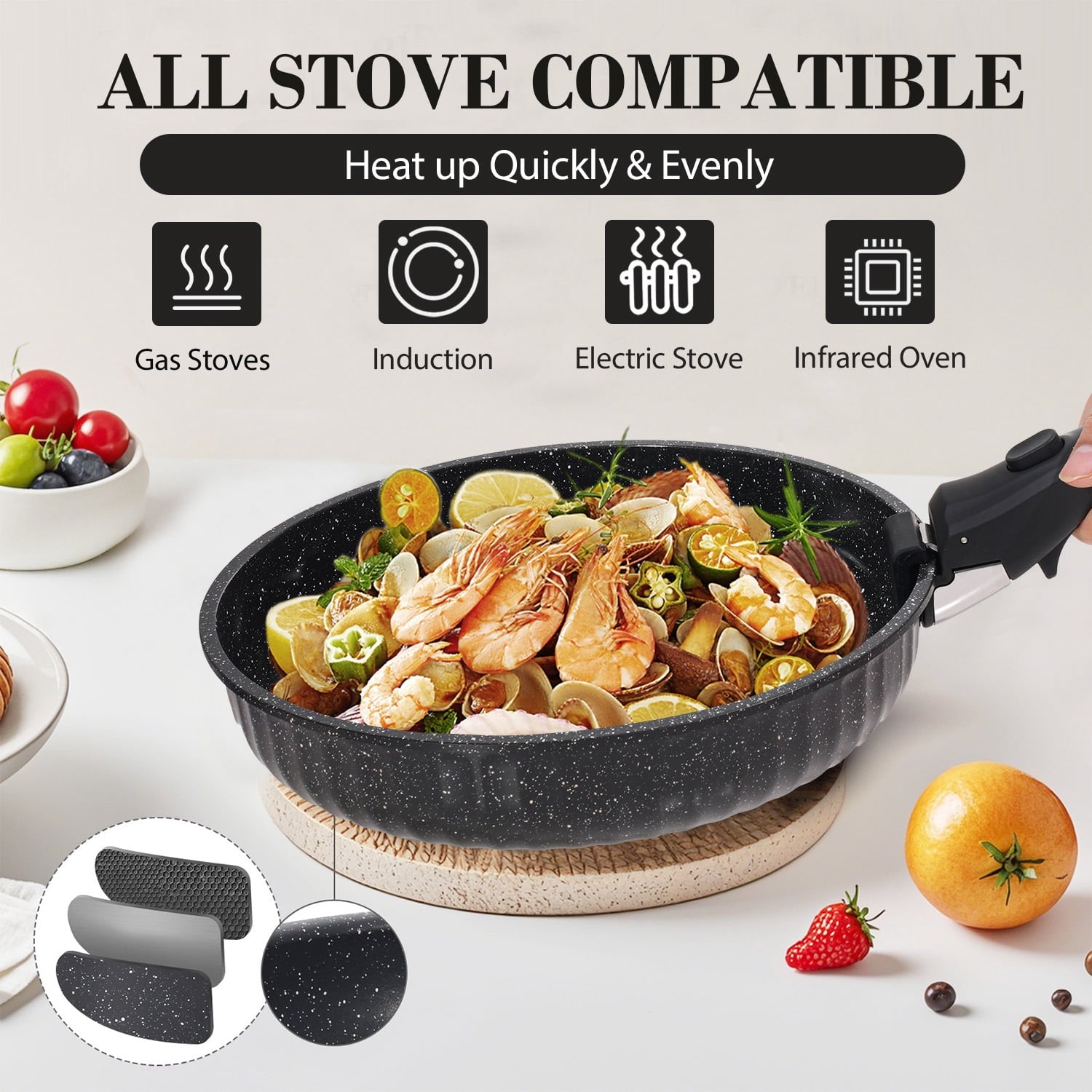 11-Piece Aluminum Pots and Pans Set with Removable Handle, Granite-Inspired Cookware, Induction Compatible, Design
