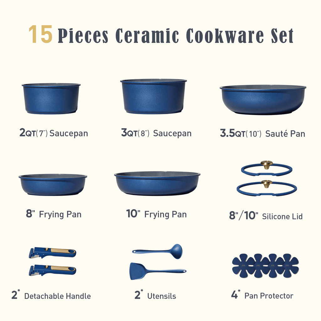 15 Pcs Ceramic Cookware Set, Non Stick Pots and Pans with Detachable Handles, Oven Safe, Induction Cookware, Stackabl... - Image 2