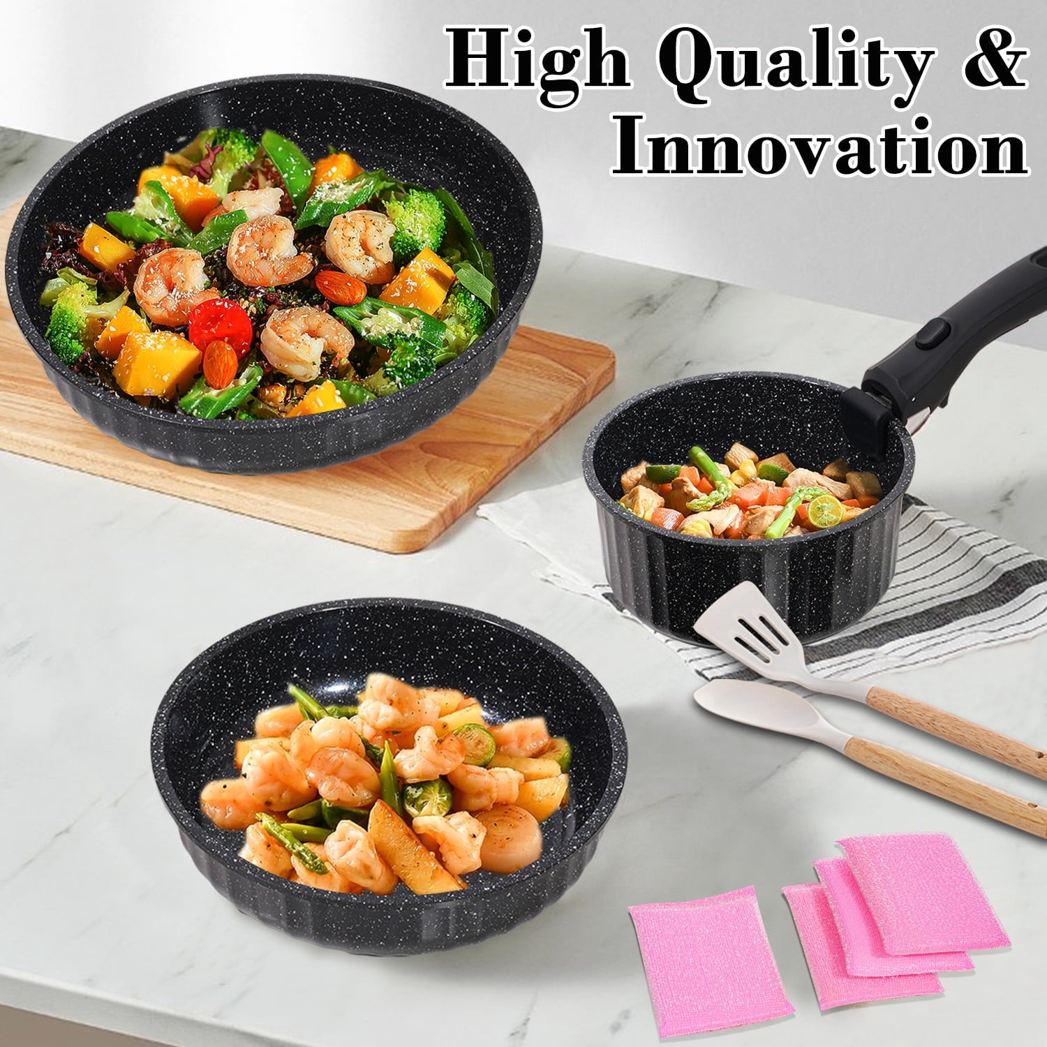 11-Piece Aluminum Pots and Pans Set with Removable Handle, Granite-Inspired Cookware, Induction Compatible, Design