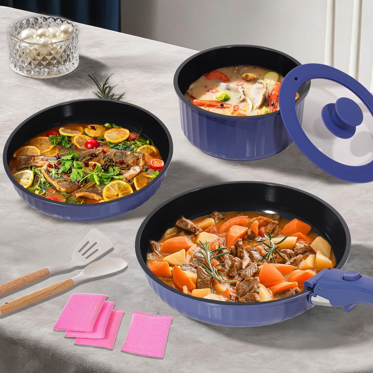 11-Piece Aluminum Pots and Pans Set with Removable Handle, Granite-Inspired Cookware, Induction Compatible, Design