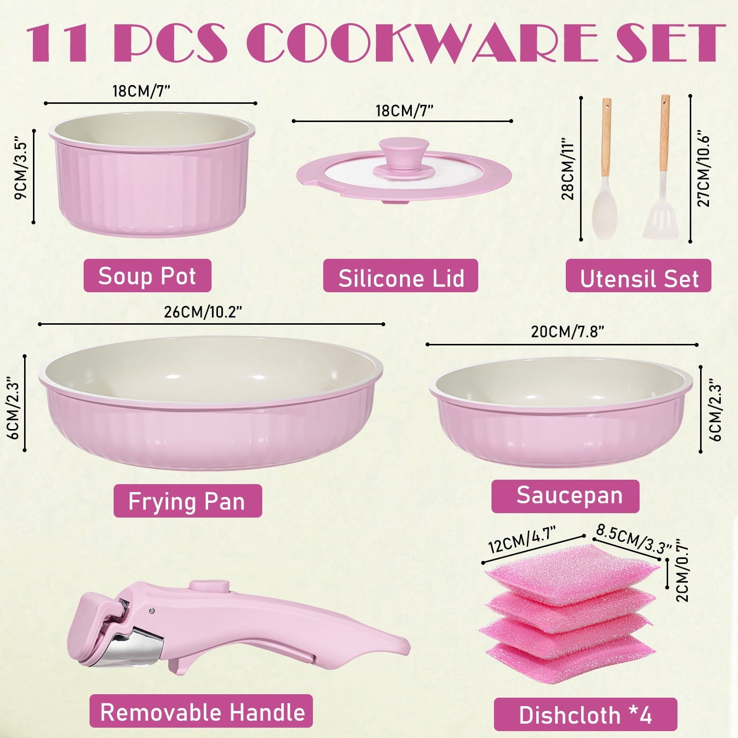 11-Piece Aluminum Pots and Pans Set with Removable Handle, Granite-Inspired Cookware, Induction Compatible, Design