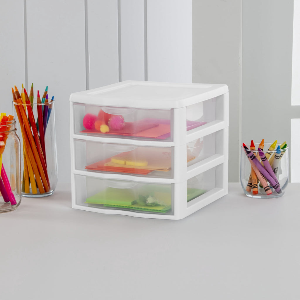 , 3 Drawer Clear Storage Bin, Desktop Drawer Storage Container, White