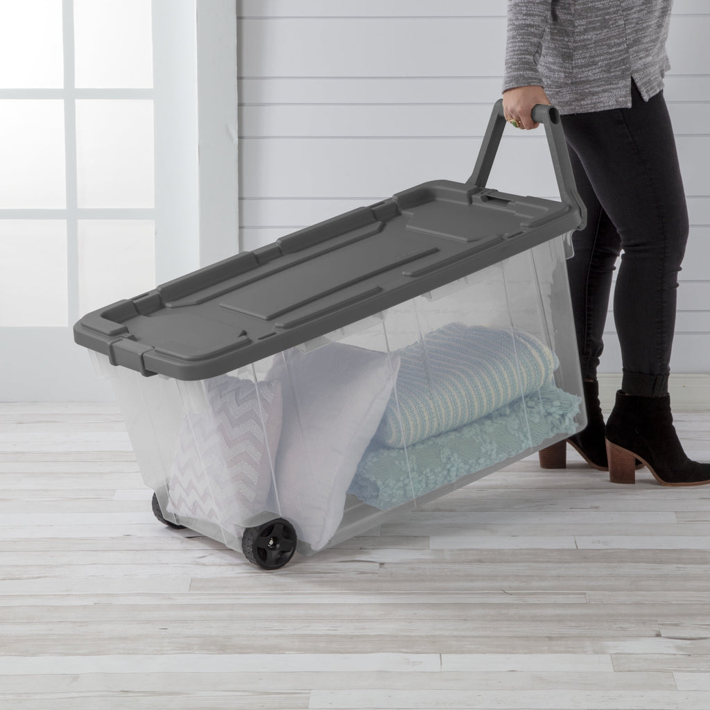 160 Extra-Large Wheeled Storage Bin, Clear Storage Container with Latch Lid and Pull Handle, Durable, Dark Gray - Image 2