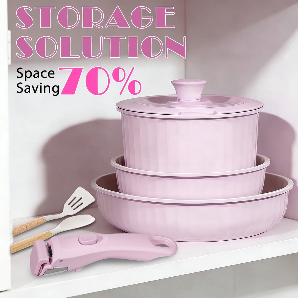 11-Piece Aluminum Pots and Pans Set with Removable Handle, Granite-Inspired Cookware, Induction Compatible, Design