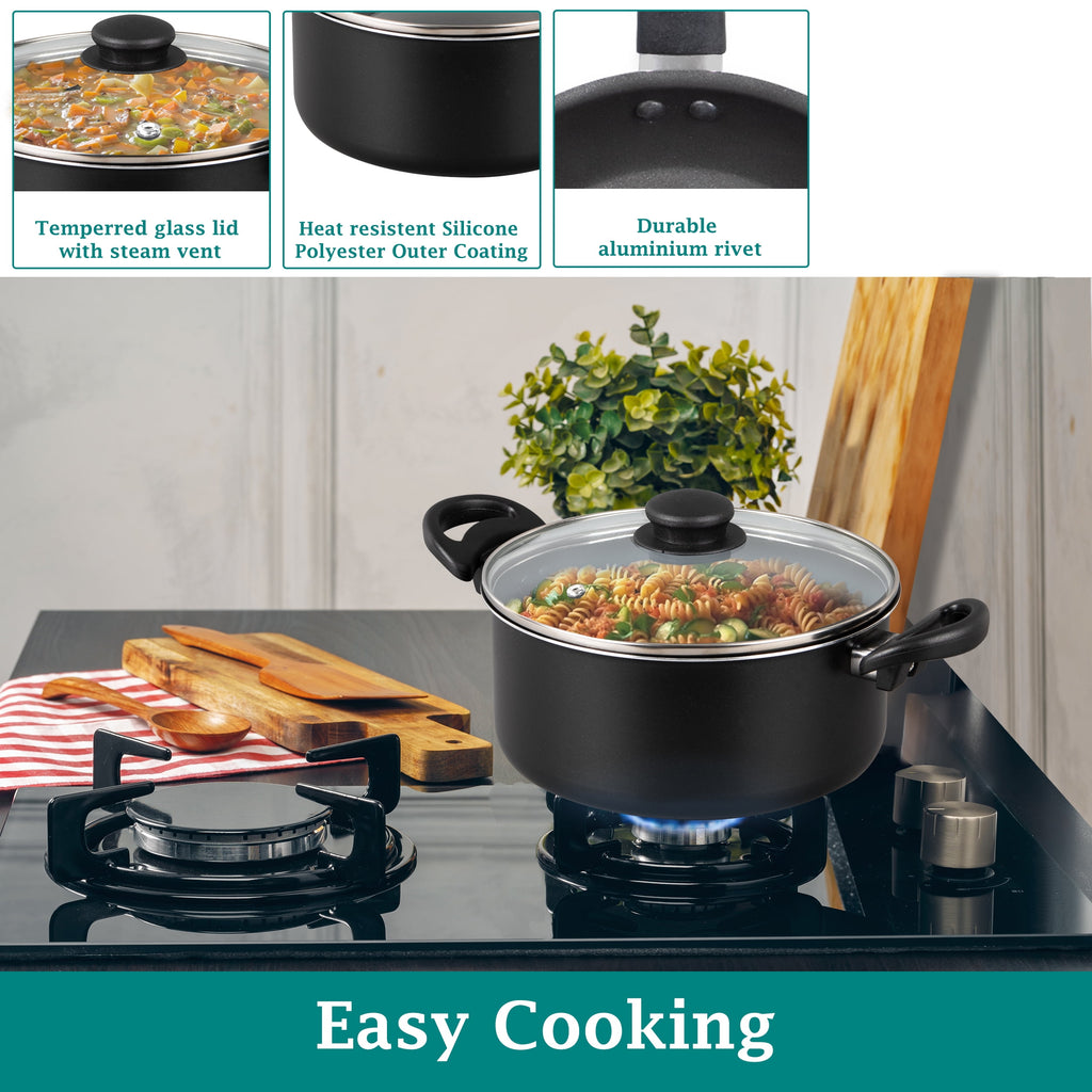 7 Piece Non Stick Aluminium, Pots and Pans Cookware Set, Black - Image 5