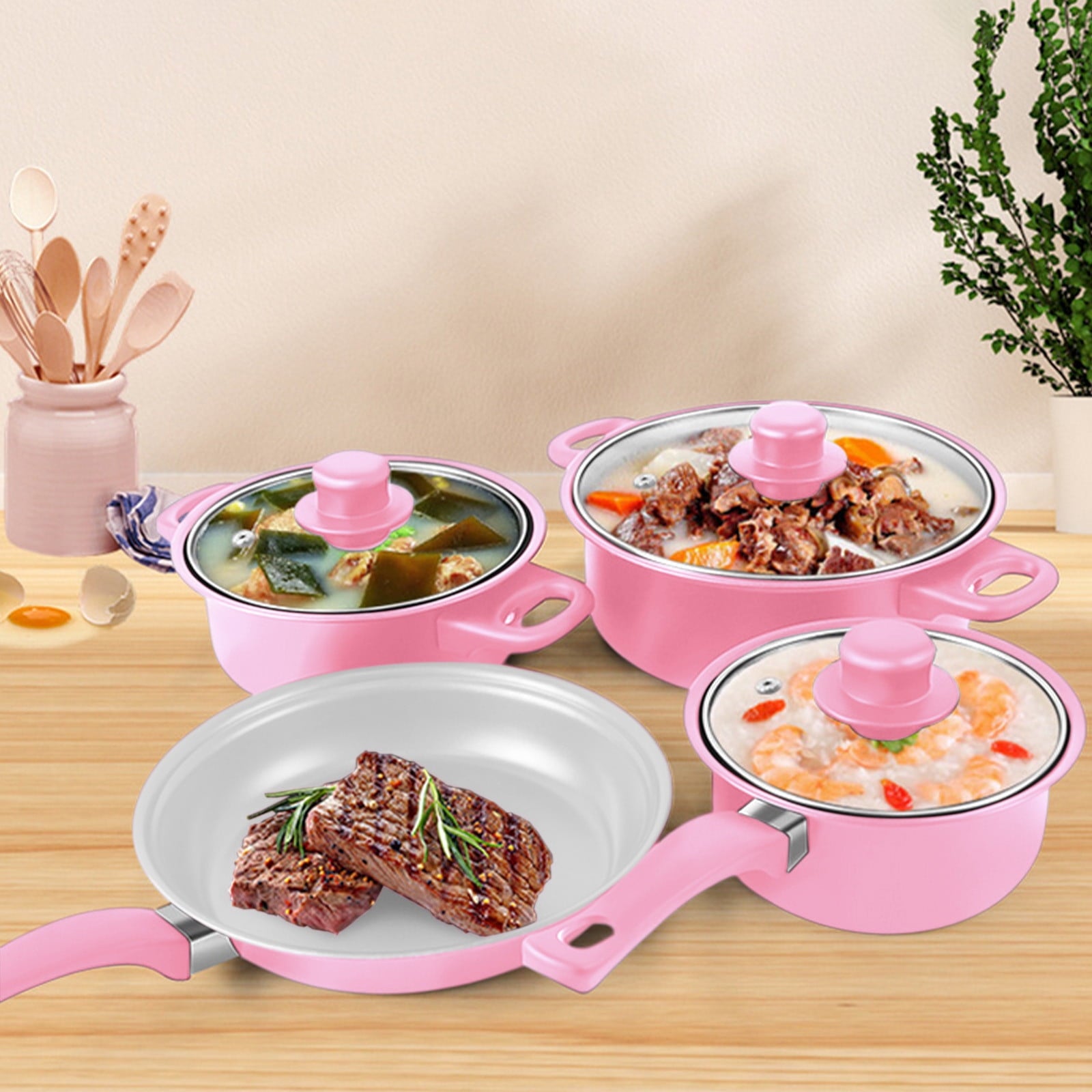 Thirteen-Piece Cookware Set with Frying Pan, Milk Pan, Soup Pots Maifan Stoneware with Heat Distribution, for Convenient Cooking at Home or Outdoors