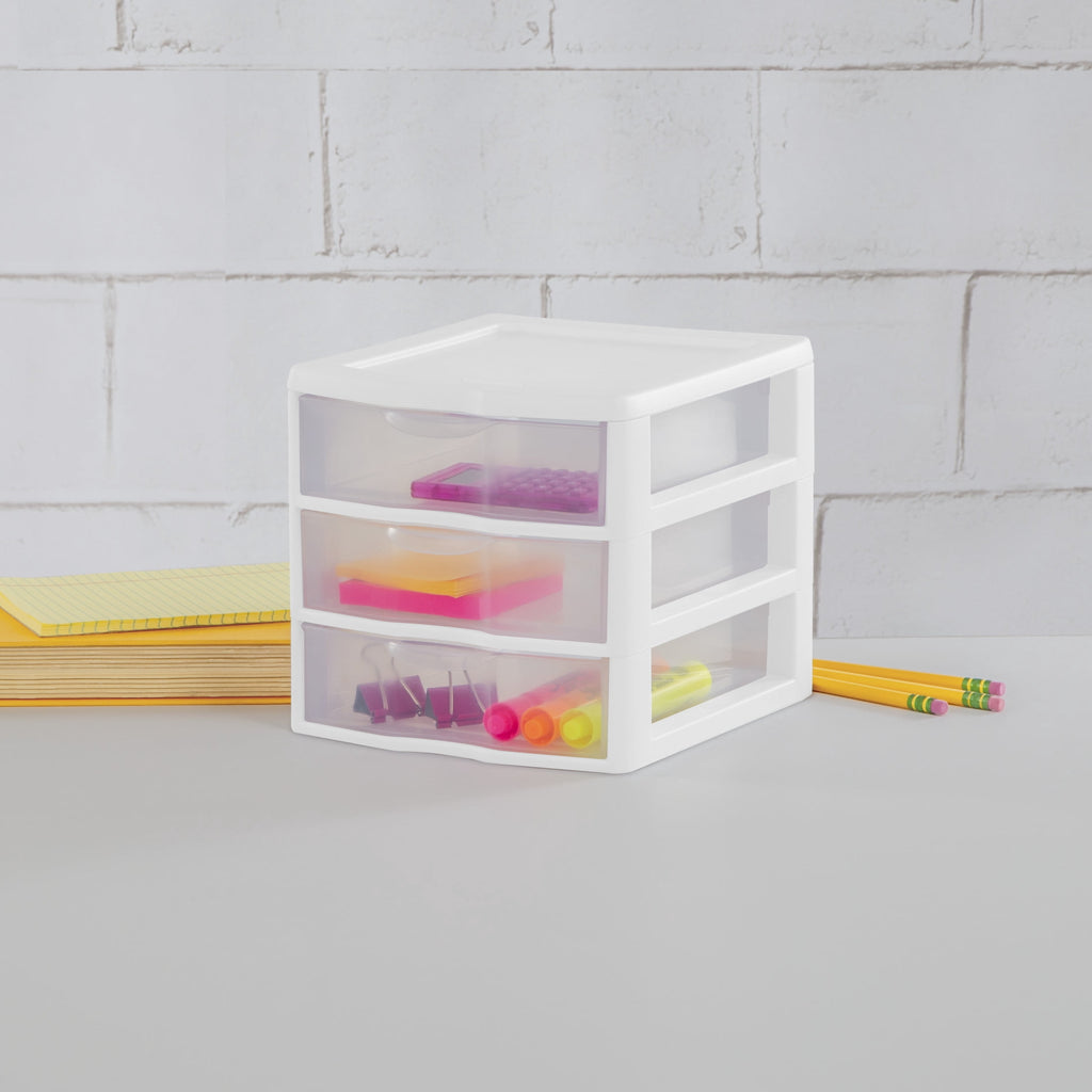 , 3 Drawer Clear Storage Bin, Desktop Drawer Storage Container, White