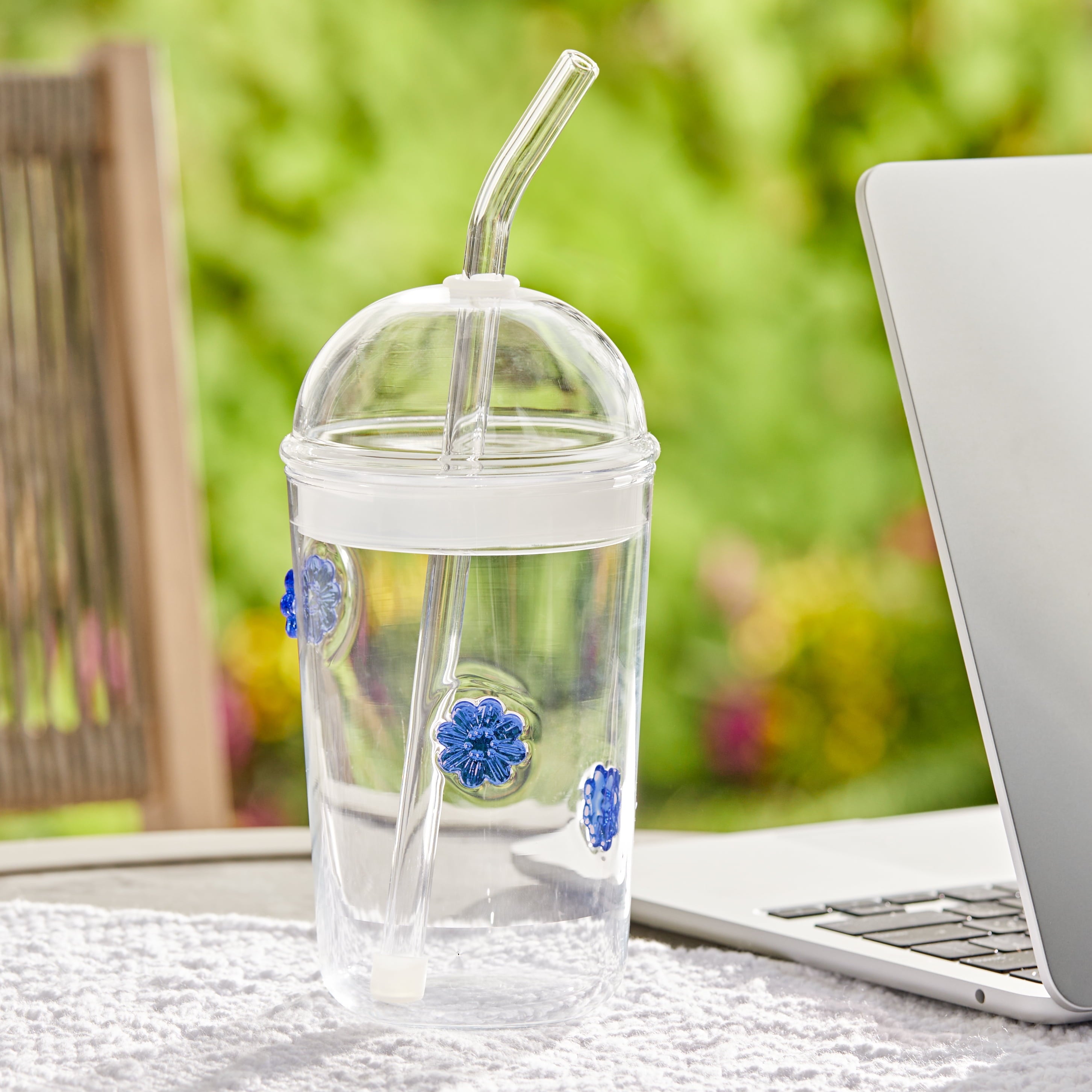 Glass Sipper Blue Floral Icon with Glass Lid - Image 3