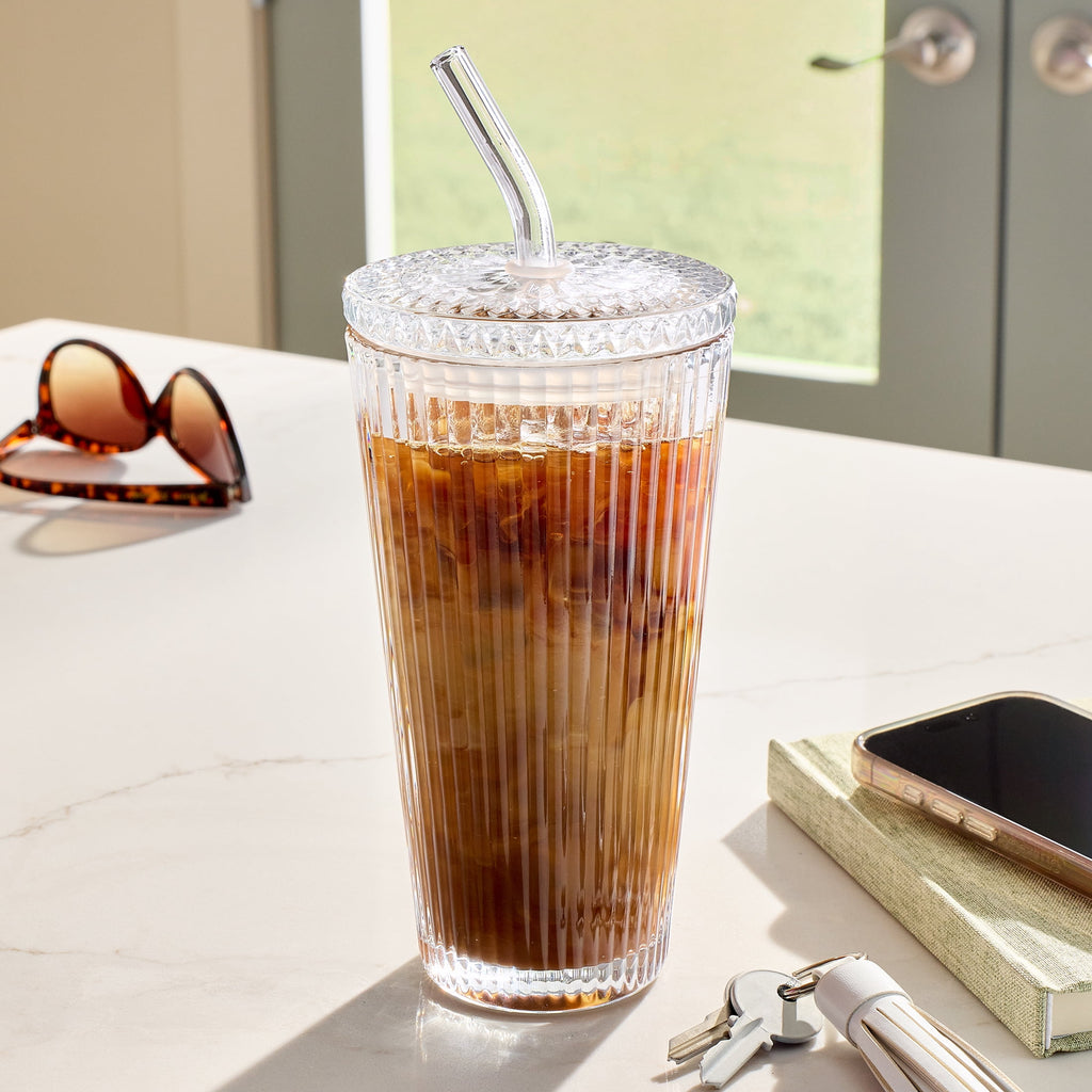Glass 21oz Tumbler Ribbed with Glass Lid and Straw - Image 4