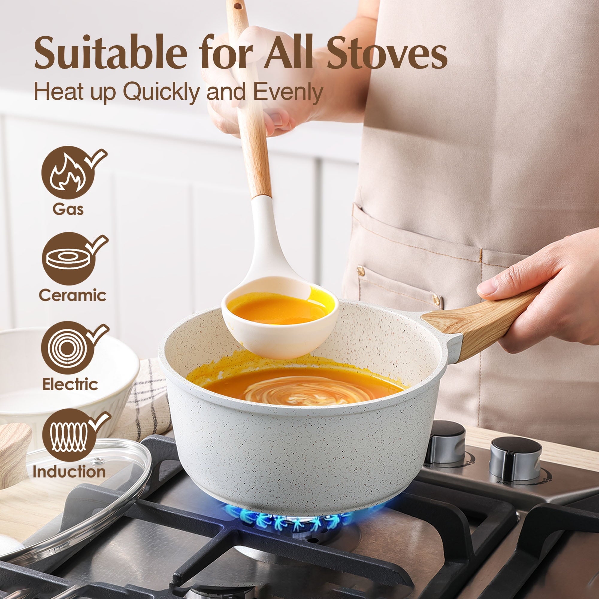 Ceramic Nonstick Pots and Pans Set, 10Pcs Healthy Non Stick Cookware Set with Pots Protectors, Induction Kitchen Cook... - Image 5