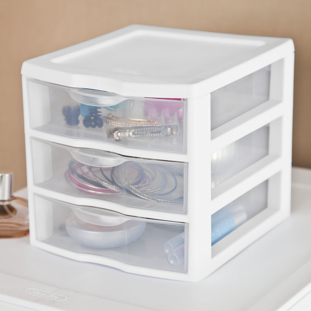 , 3 Drawer Clear Storage Bin, Desktop Drawer Storage Container, White