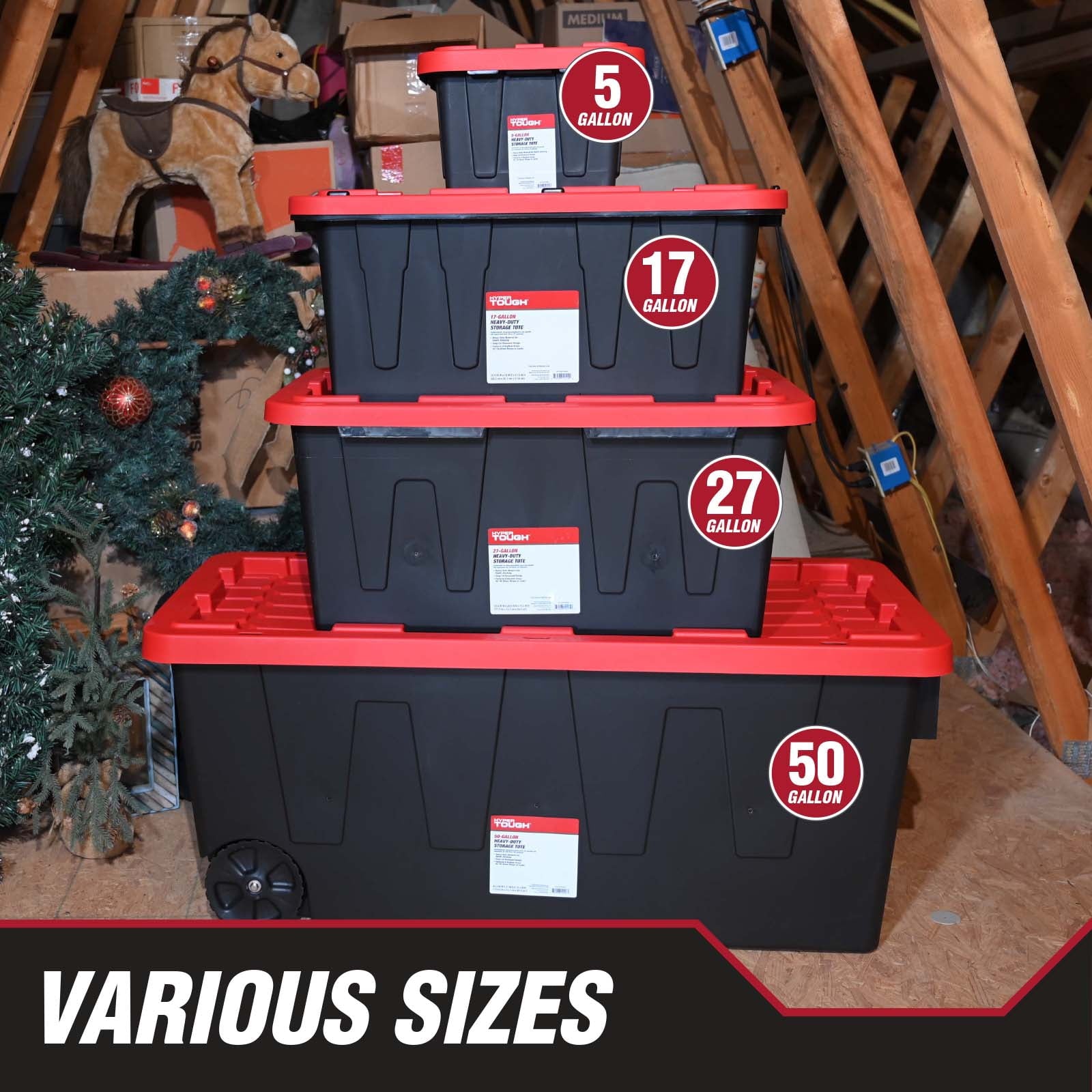 (6 pack) 27 Gallon Large Storage Bin with Snap Lid, Black and Red, Heavy Duty Plastic Storage Container - Image 5
