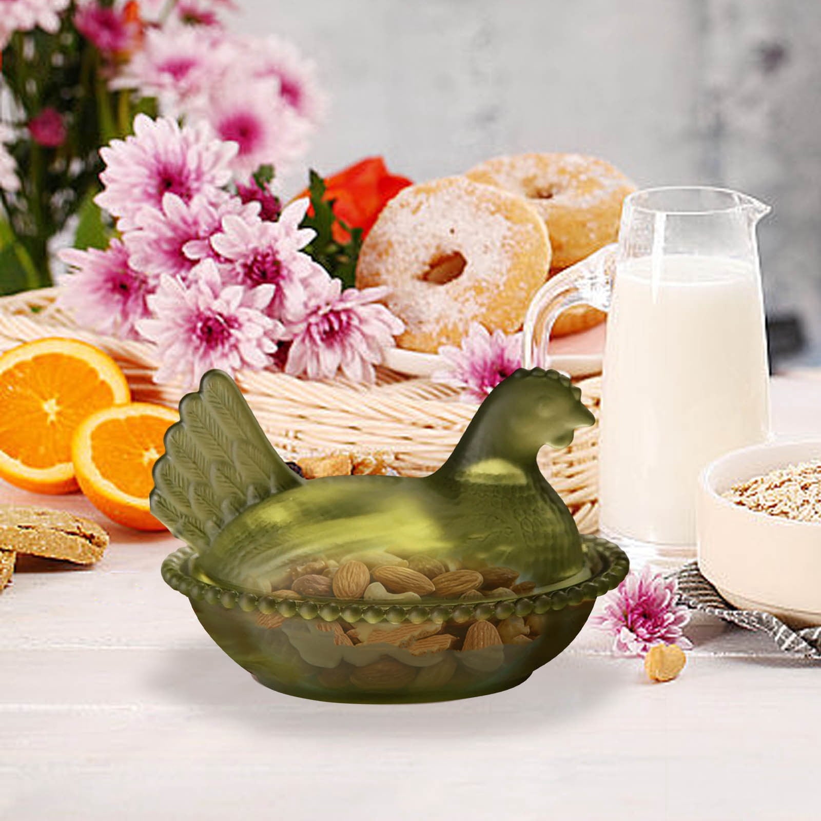 Vintage Plastic Hen on Nest Dish with Lid - Large Pedestal Rooster Plastic Candy Bowl, Colorful Crystal Candy Jar for Snacks, Dessert, Cookies | Home Kitchen Office Tabletop Decor