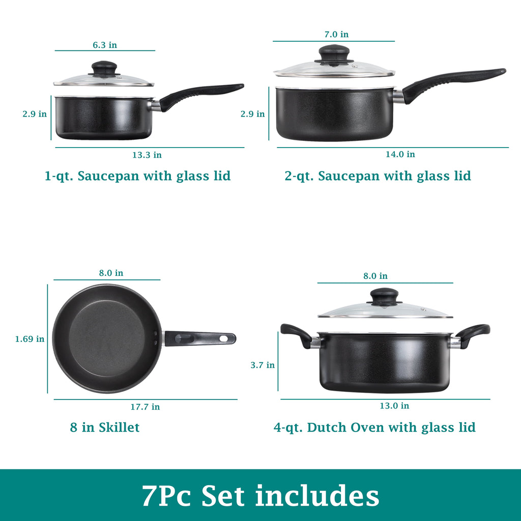 7 Piece Non Stick Aluminium, Pots and Pans Cookware Set, Black - Image 2
