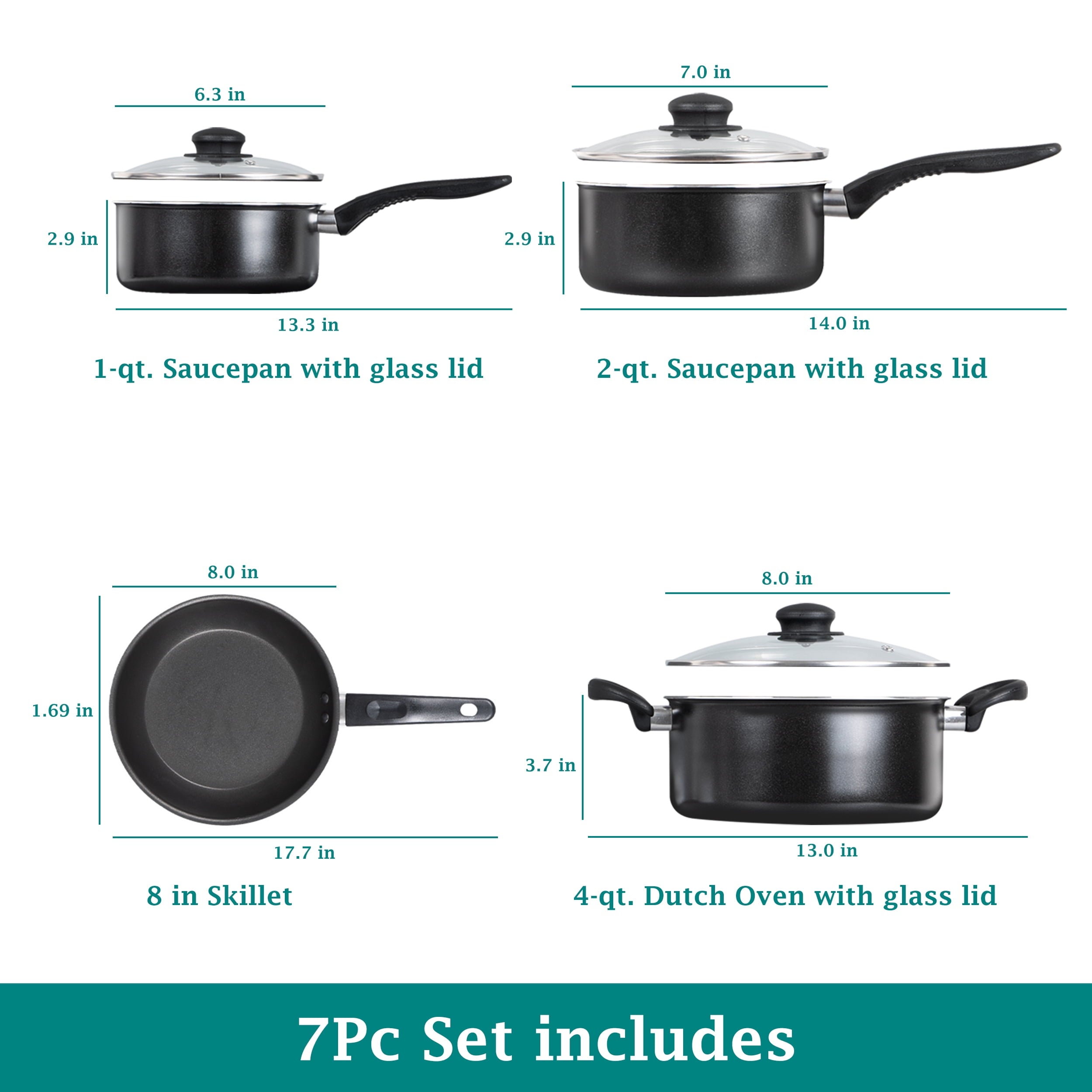 7 Piece Non Stick Aluminium, Pots and Pans Cookware Set, Black - Image 2