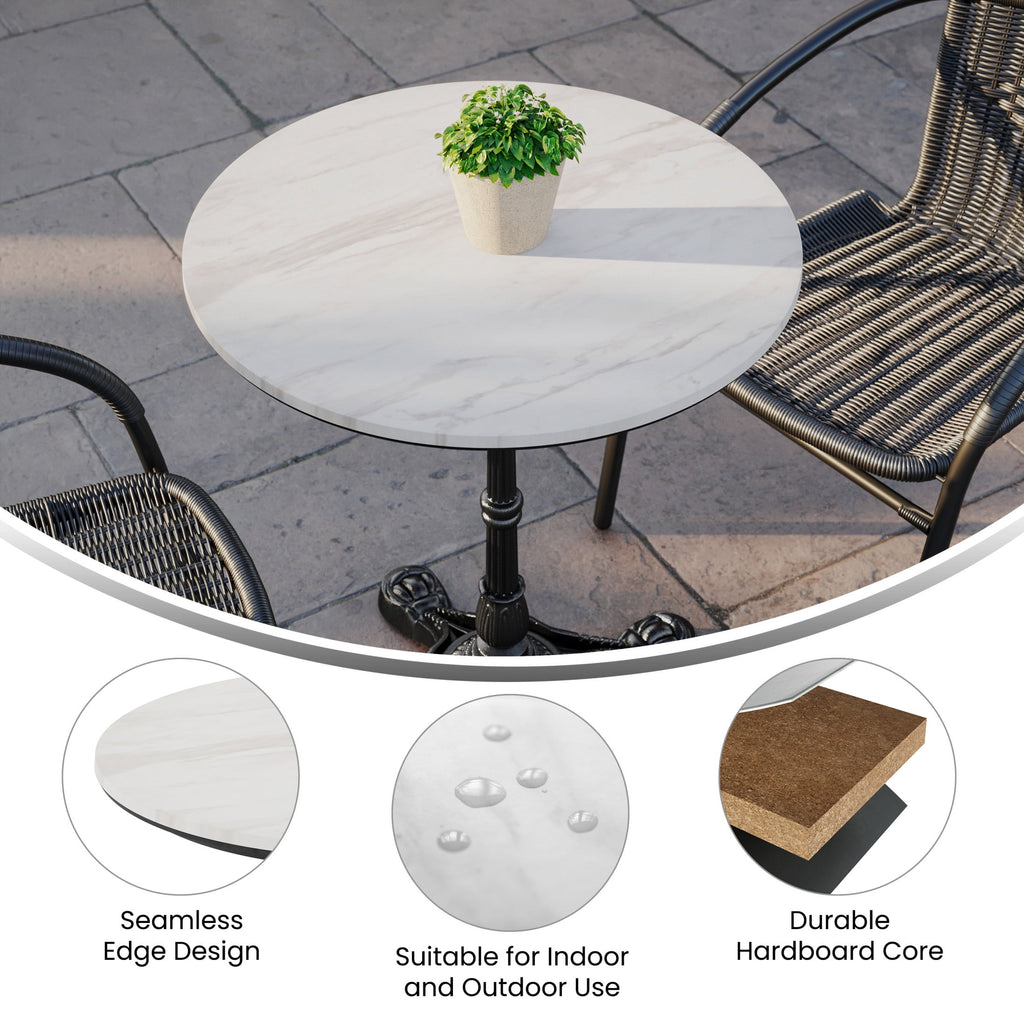 24" Round White Faux Marble Indoor Outdoor TopGuard Wrapped Tabletop, Seamless Edge, Scratch & Stain Resistant, Comme... - Image 4