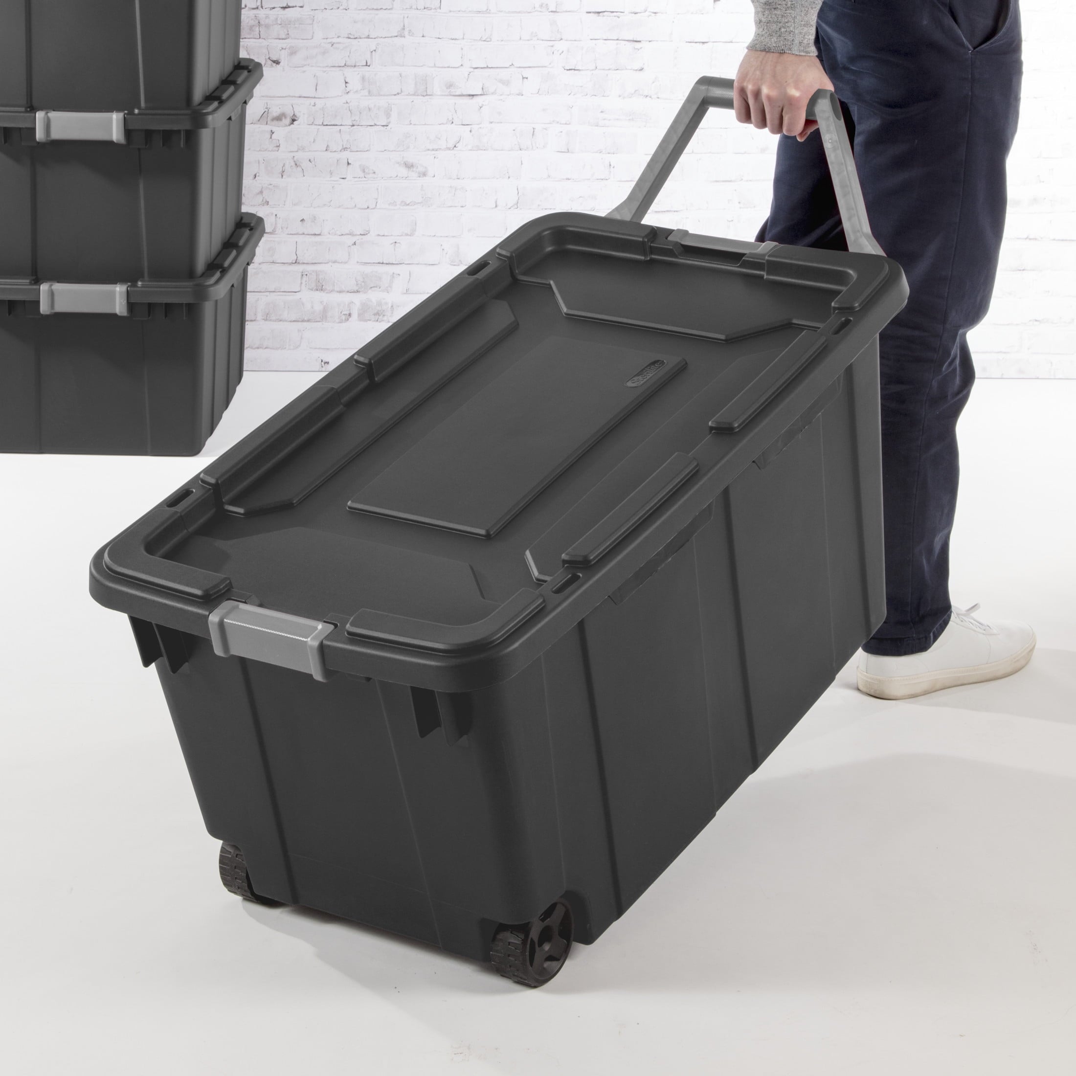 Industrial Storage Bin, 40 Gallon Durable Plastic Storage Tote with Latching Lid and Pull Handle, Dark Gray - Image 3