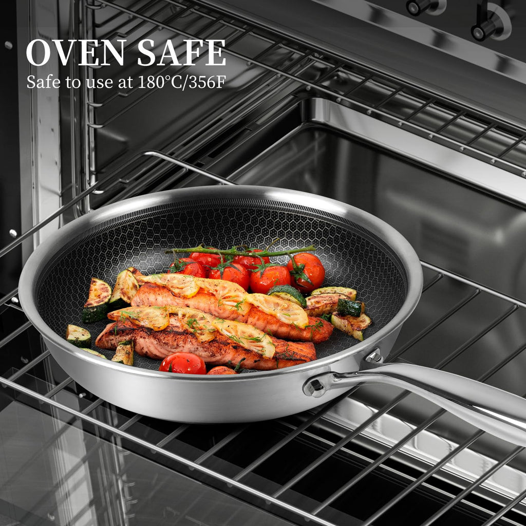 ,9.5'' and 11'' Stainless Steel Frying Pan Set with Lid Honeycomb Stainless Steel Cooking Pan Set of 2 Skillet for Cooking with Induction Gas Stovetops