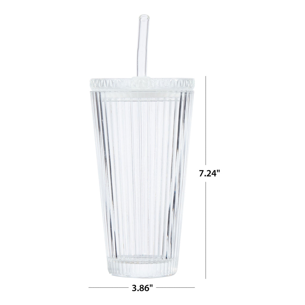 Glass 21oz Tumbler Ribbed with Glass Lid and Straw - Image 2