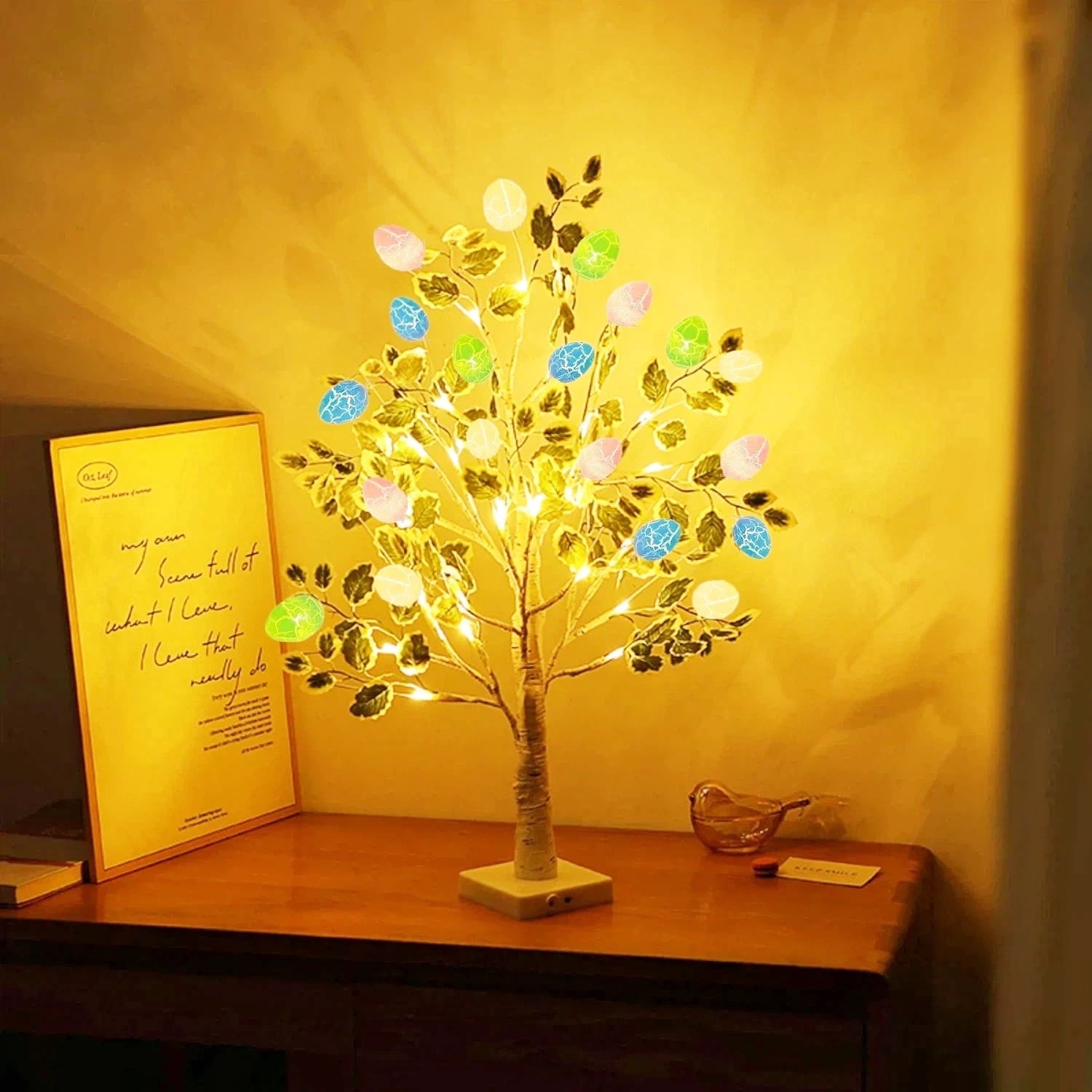 Easter Decorations, Easter Egg Tree for Home Decor, Lighted Tabletop Tree with 24 Multicolor Painted Eggs, Artificial Tree Decor for Spring Party, Bedroom, Classrooms (White）