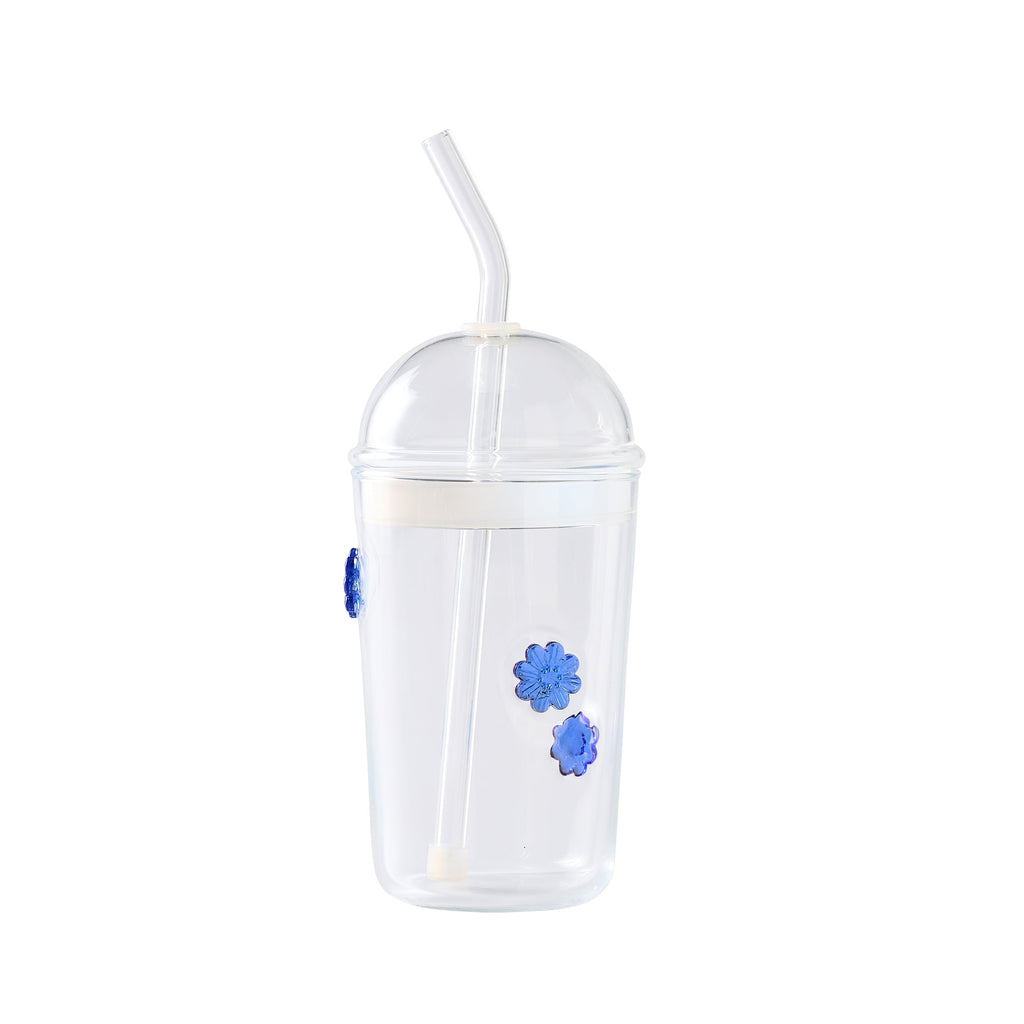 Glass Sipper Blue Floral Icon with Glass Lid