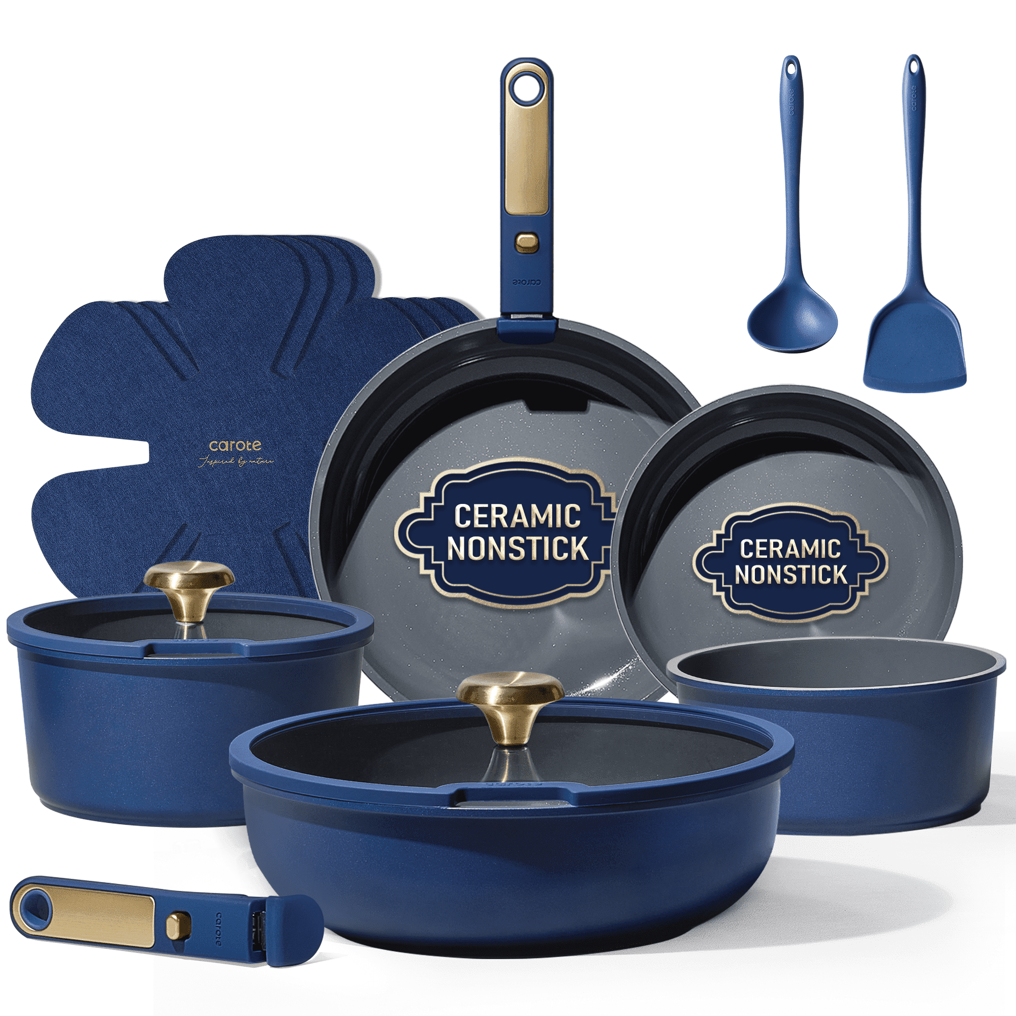 15 Pcs Ceramic Cookware Set, Non Stick Pots and Pans with Detachable Handles, Oven Safe, Induction Cookware, Stackabl...