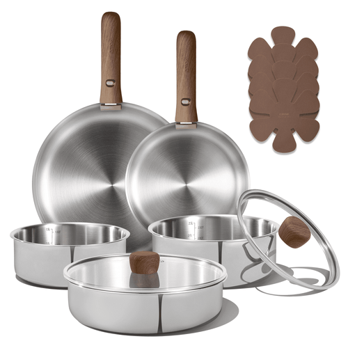 13-Piece Stainless Steel Cookware Set with Detachable Handle, Induction Compatible