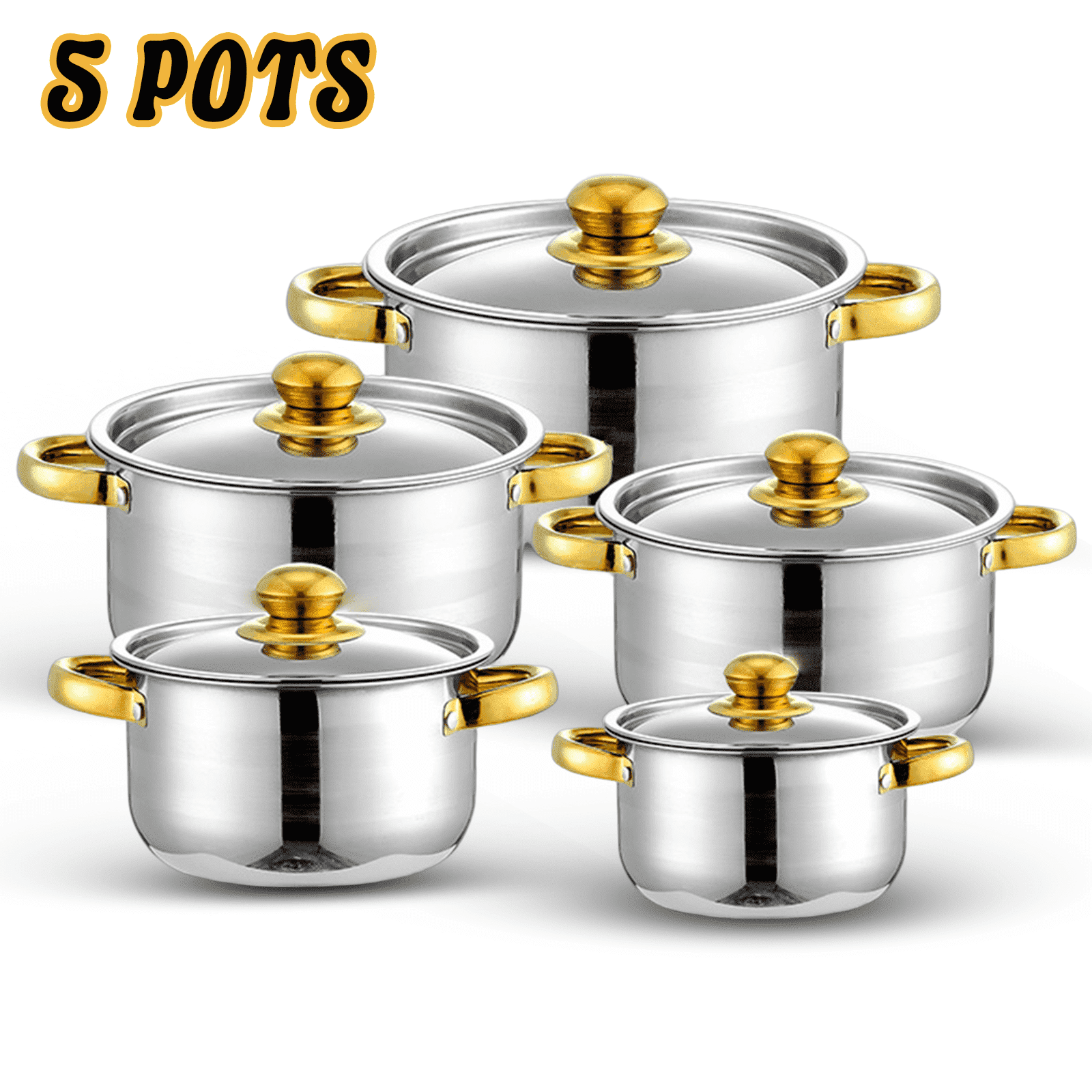 Home Kitchen Cookware Sets, 10 Pcs Non Stick Stainless Steel Soup Pot Set, Double Handle with Lids Soup Pot Compatible with All Cooktops for Gas, Electric and Induction, Gold