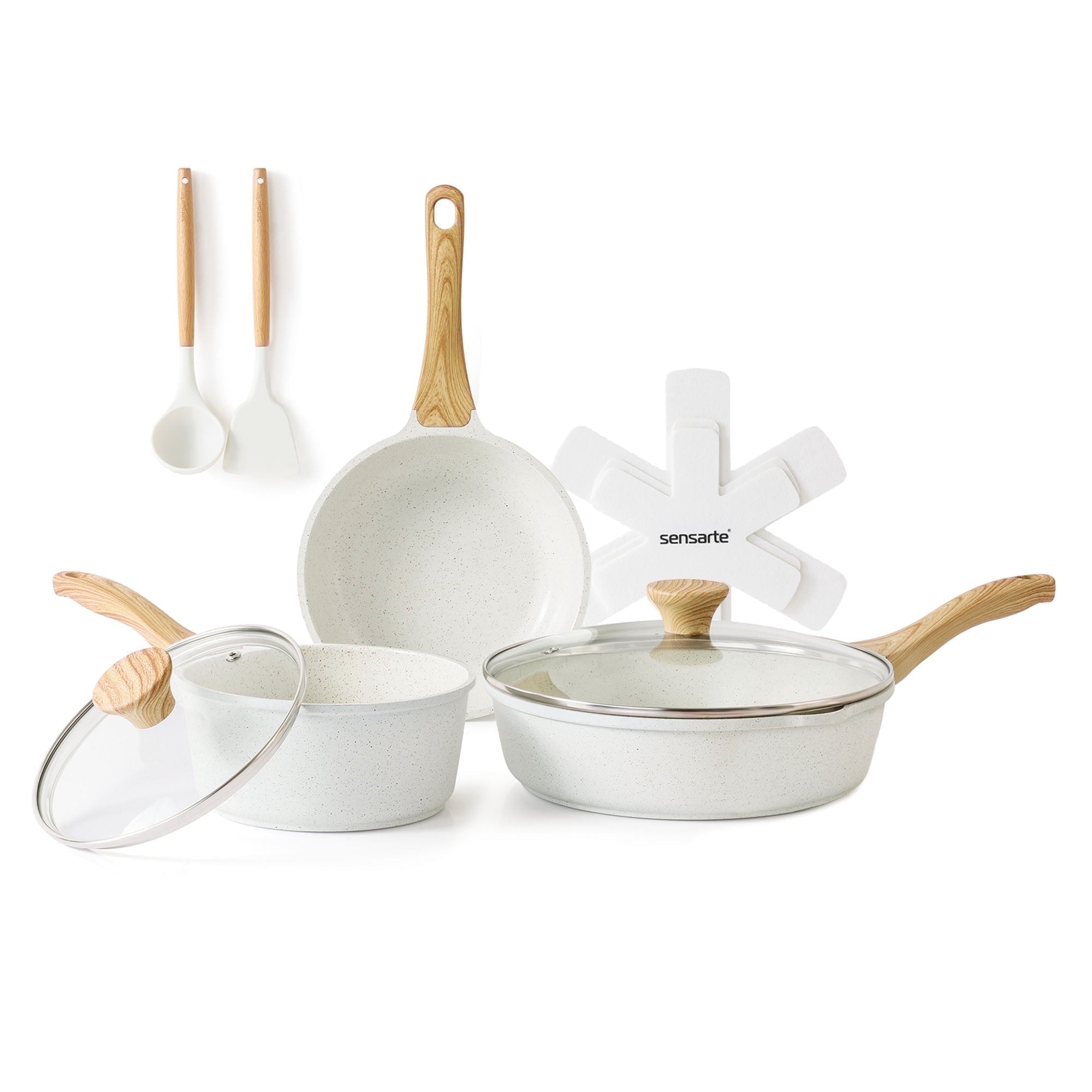Ceramic Nonstick Pots and Pans Set, 10Pcs Healthy Non Stick Cookware Set with Pots Protectors, Induction Kitchen Cook...