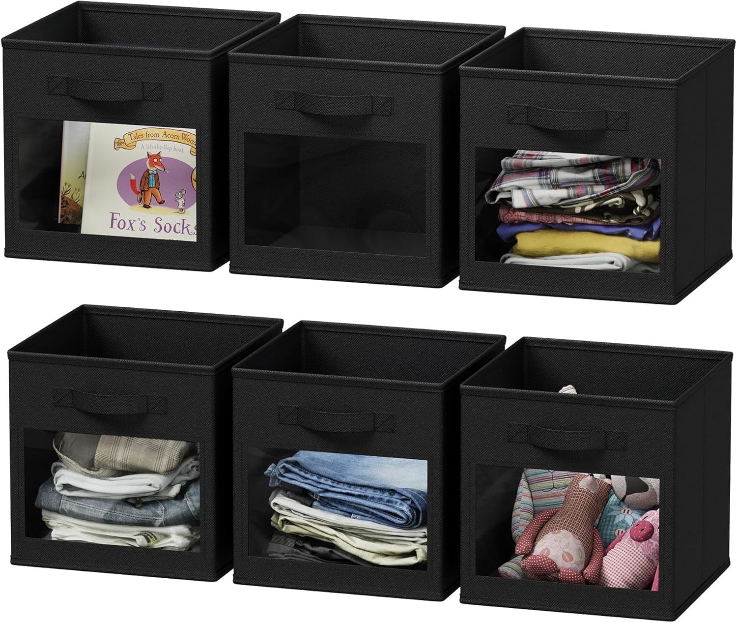 Storage Cubes with Clear Windows, Set of 6 Fabric Bins, 11 Inch, Black