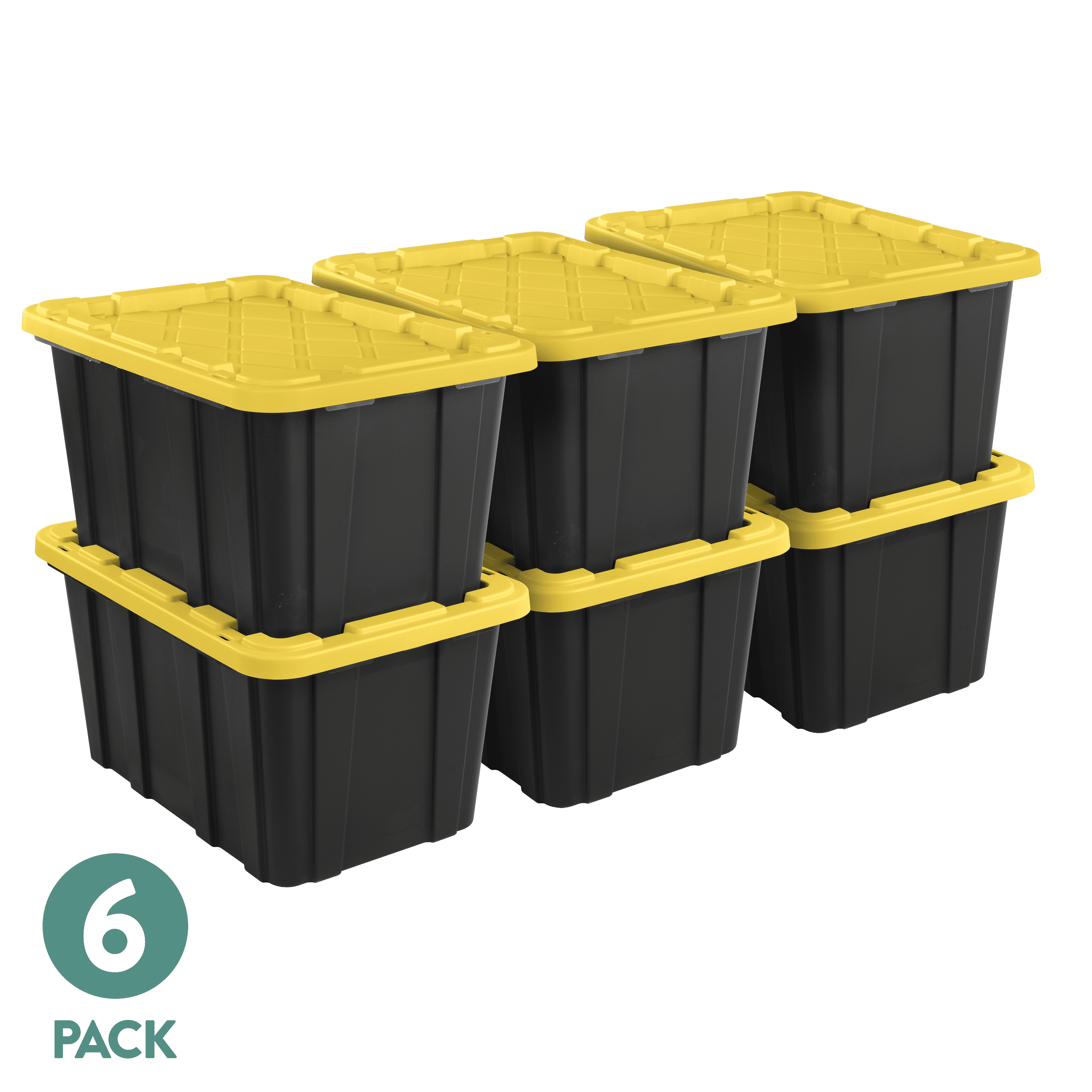 Large Storage Bin, 27 Gallon Durable Plastic Storage Tote with Snap-On Lid, Black and Yellow, 6 Pack
