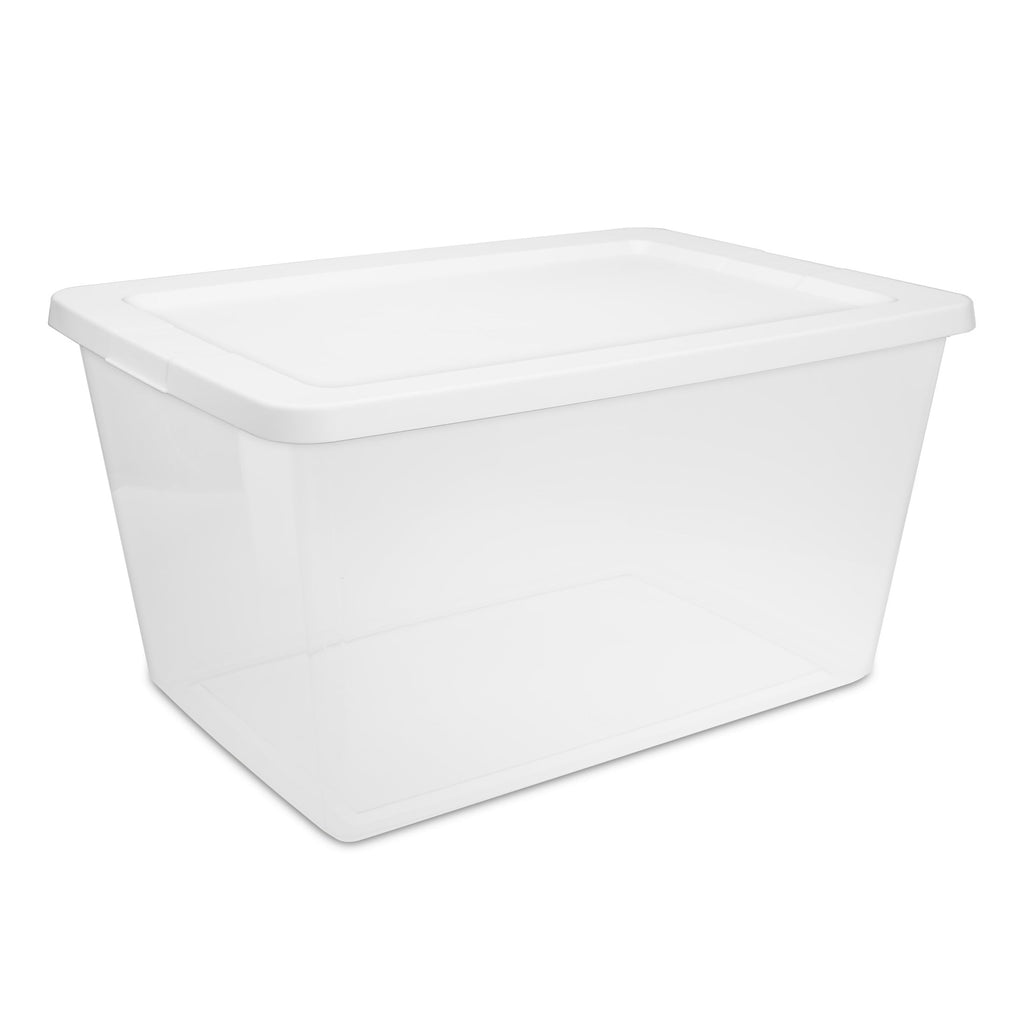 58 Medium Storage Bin, Clear Plastic Storage Container with Snap-On Lid, White