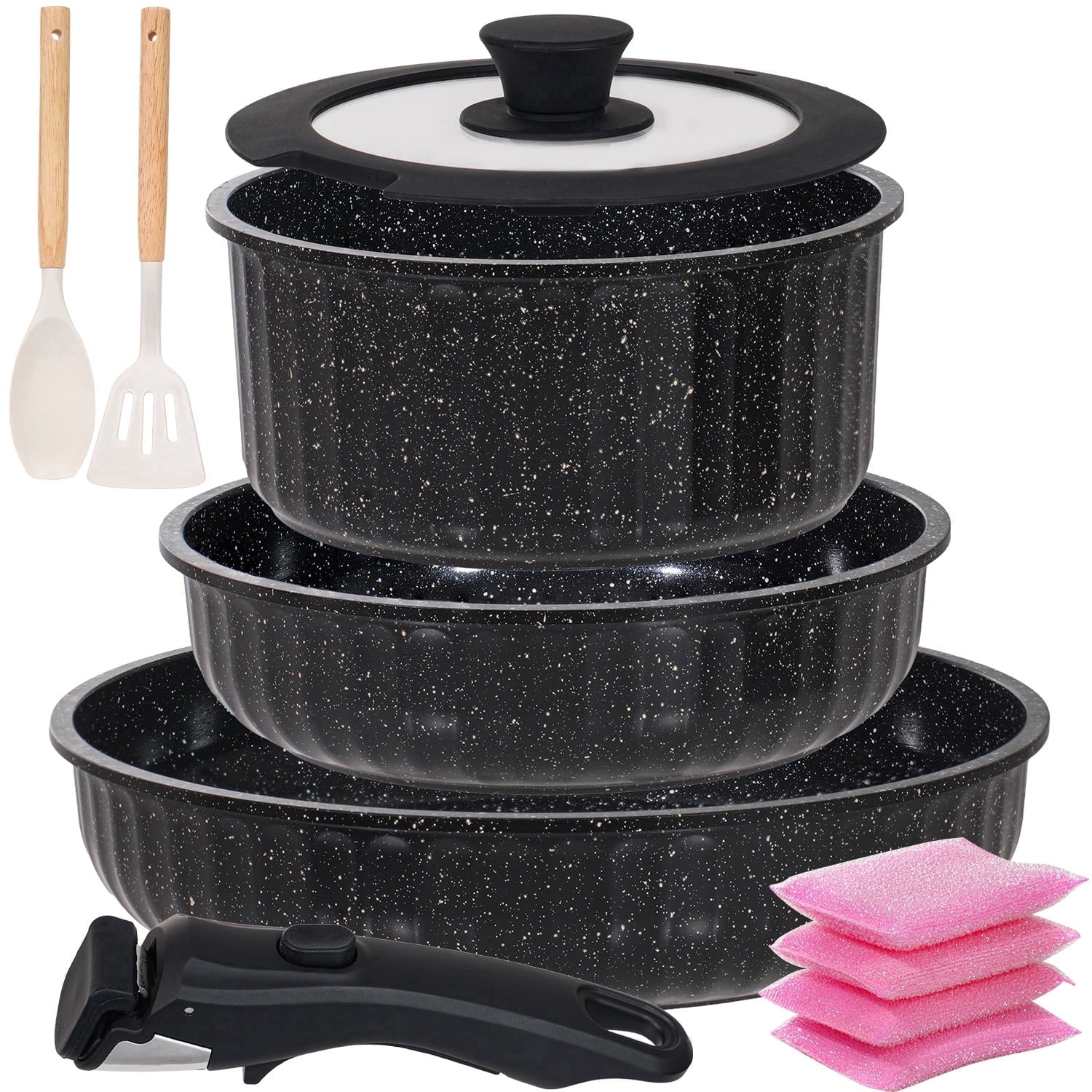 11-Piece Aluminum Pots and Pans Set with Removable Handle, Granite-Inspired Cookware, Induction Compatible, Design