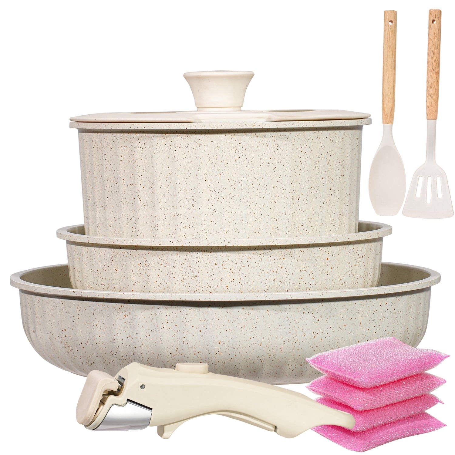 11-Piece Aluminum Pots and Pans Set with Removable Handle, Granite-Inspired Cookware, Induction Compatible, Design