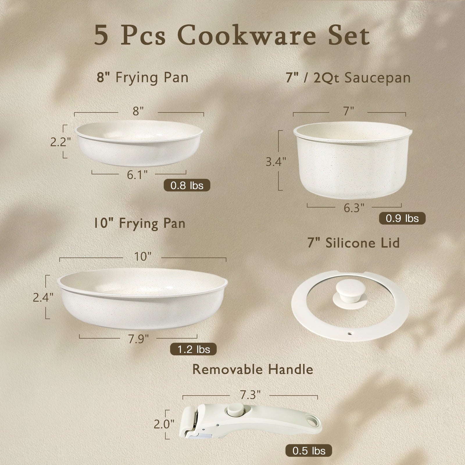 5Pcs Ceramic Pots and Pans Set Cookware Sets Removable Handle Kitchen,,