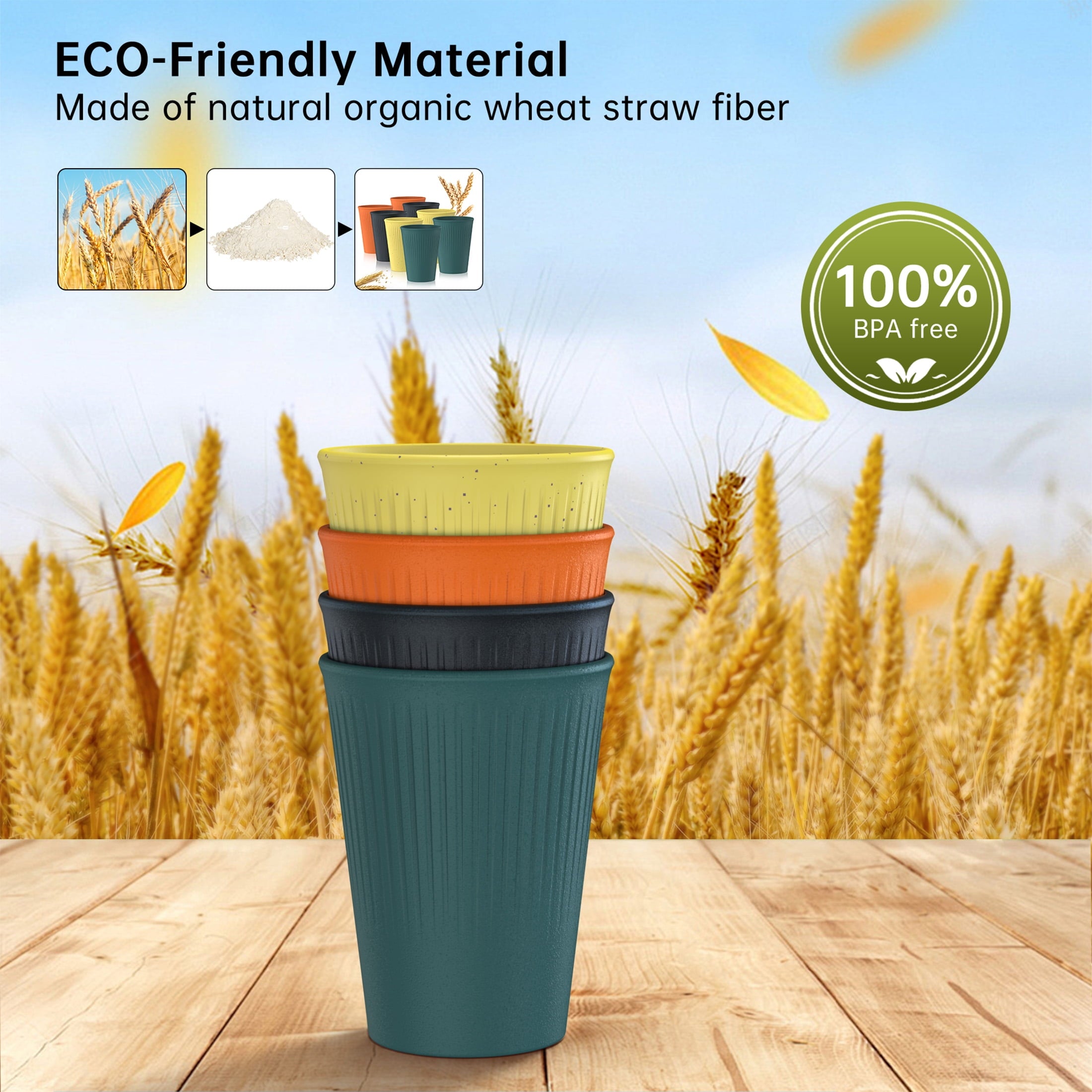Wheat Straw Unbreakable Cups Set of 8, 12 OZ Drinking Glasses, Plastic Cups, Drinking Cups, Water Glasses, Multicolor