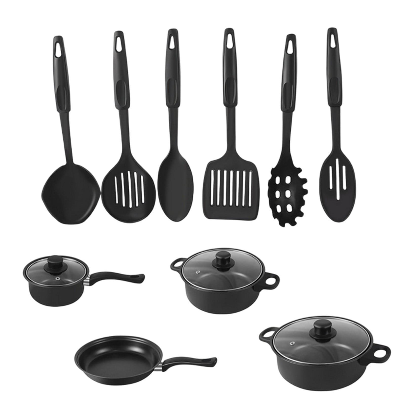 13 Pcs Pots and Pans Set, Non-Sticking Multi-Piece Kitchenware Set Soup Pot &amp; Milk Pan &amp; Frying Pan &amp; Spatula, Iron Pan with Glass Pot Lid Kitchen Utensils for Various Cooking Needs, Black