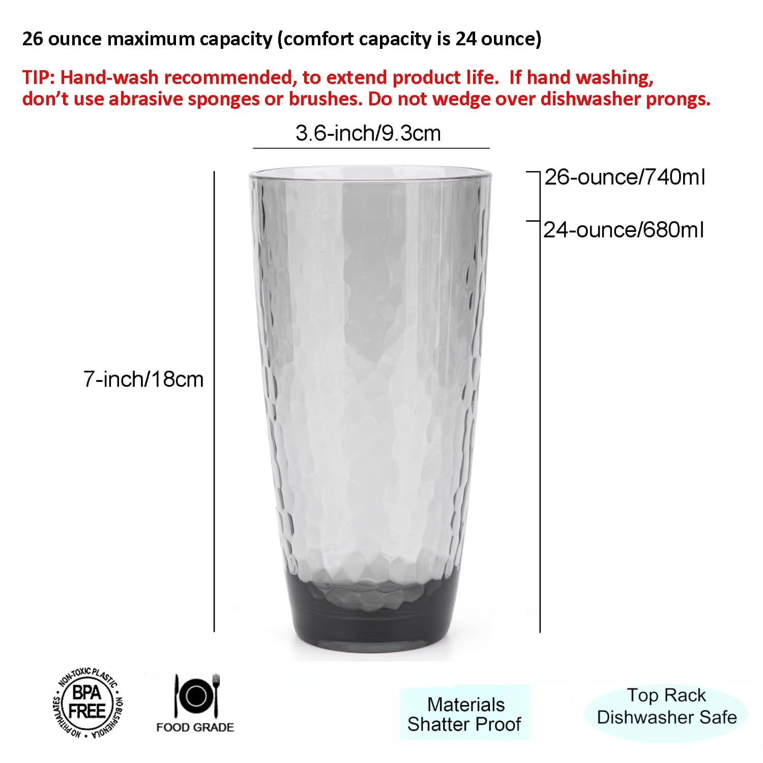 Hammered 15 Ounce and 26 Ounce Plastic Tumbler Acrylic Drinking Glasses, Set of 8 Grey