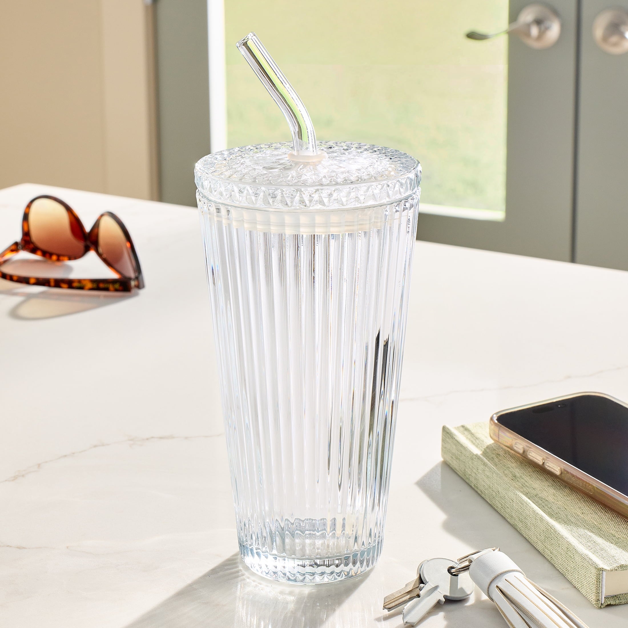 Glass 21oz Tumbler Ribbed with Glass Lid and Straw - Image 6