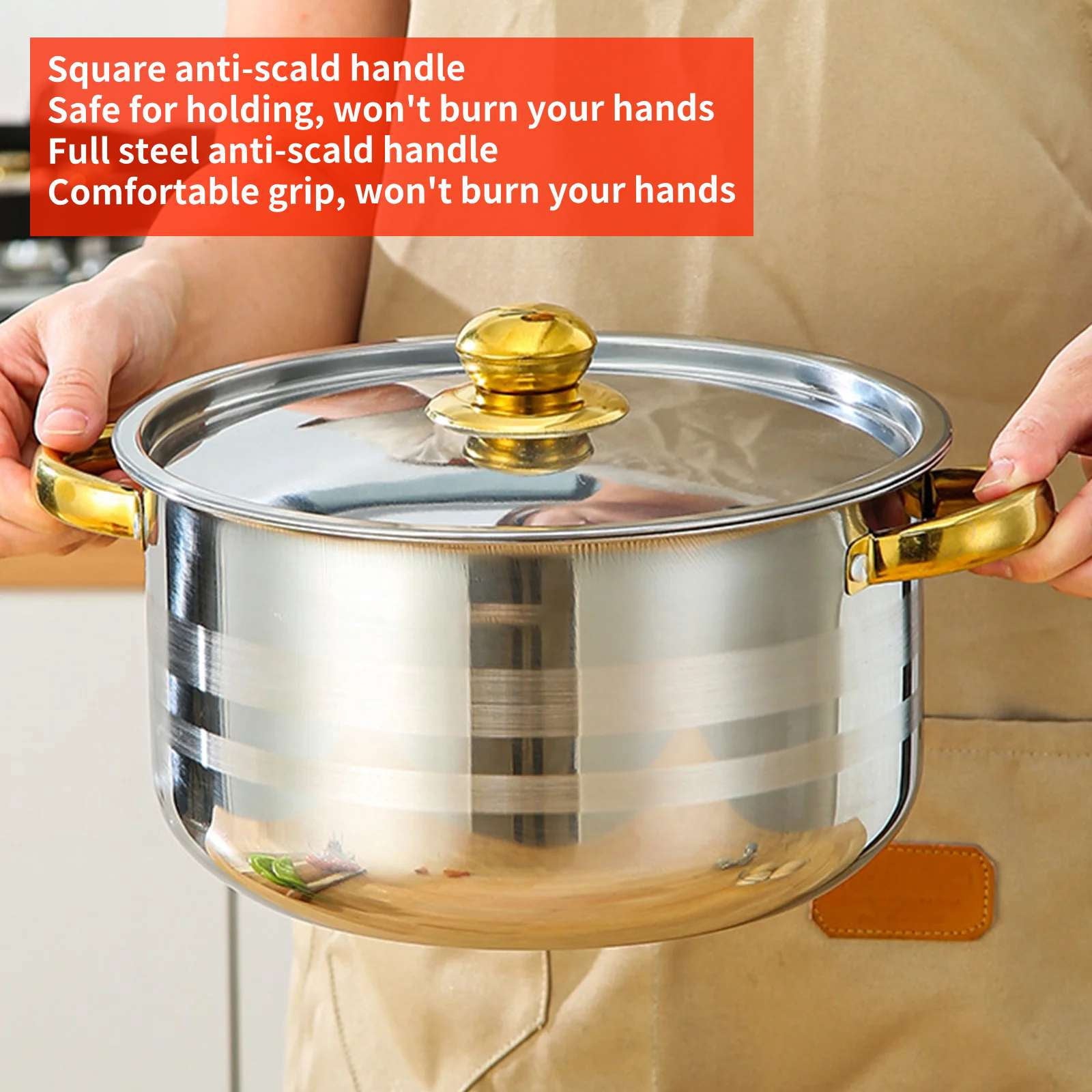 Home Kitchen Cookware Sets, 10 Pcs Non Stick Stainless Steel Soup Pot Set, Double Handle with Lids Soup Pot Compatible with All Cooktops for Gas, Electric and Induction, Gold