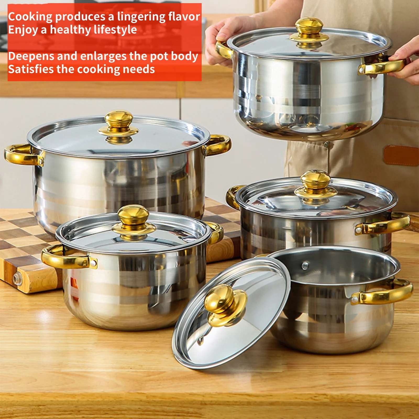 Home Kitchen Cookware Sets, 10 Pcs Non Stick Stainless Steel Soup Pot Set, Double Handle with Lids Soup Pot Compatible with All Cooktops for Gas, Electric and Induction, Gold
